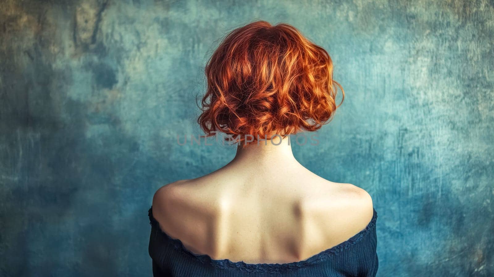 Redhead woman with curly hair showing back and shoulders while posing against a textured blue wall, creating a portrait focused on body and hairstyle