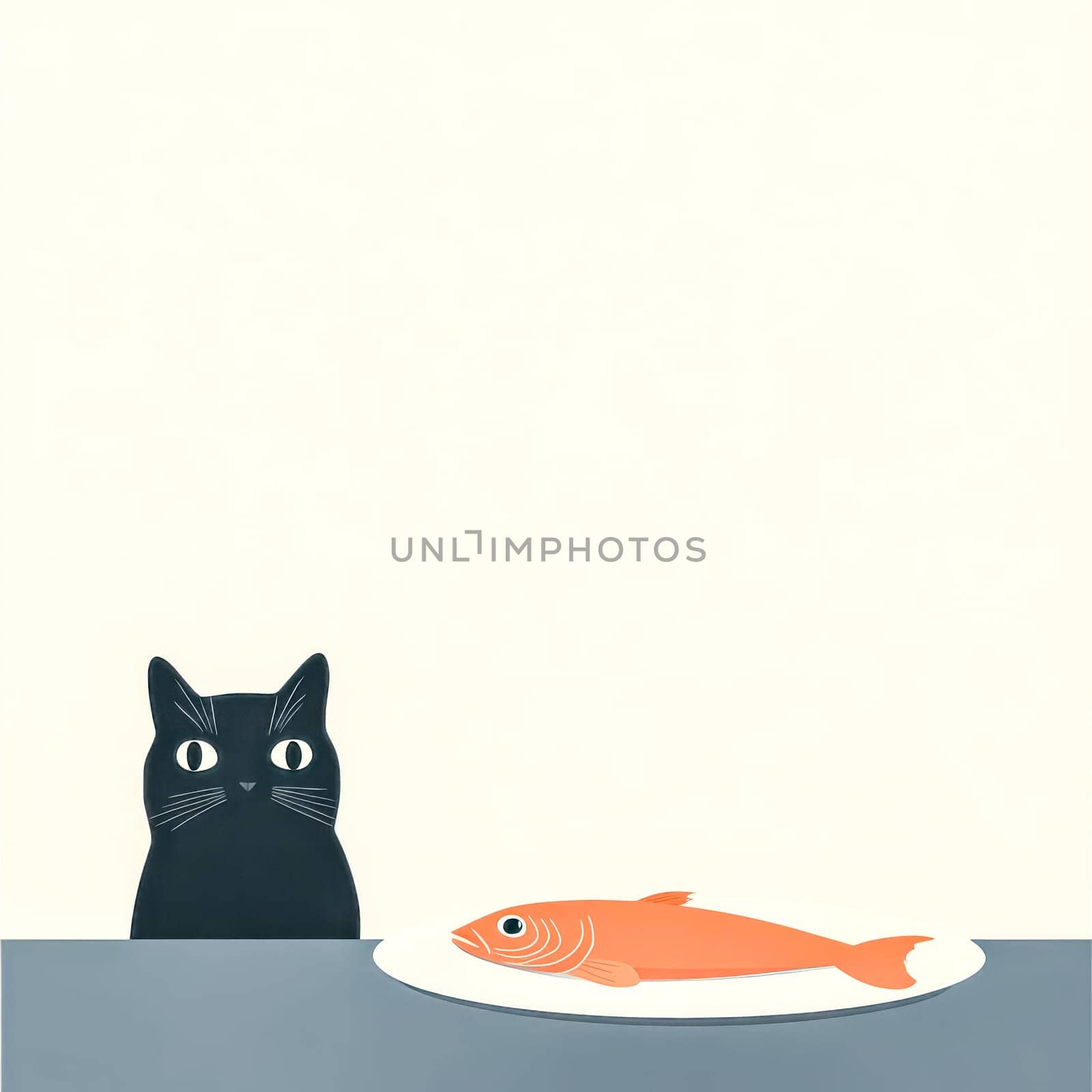 Minimalist illustration depicts a black cat staring intently at a whole cooked fish served on a plate, showcasing a humorous take on feline obsession with seafood