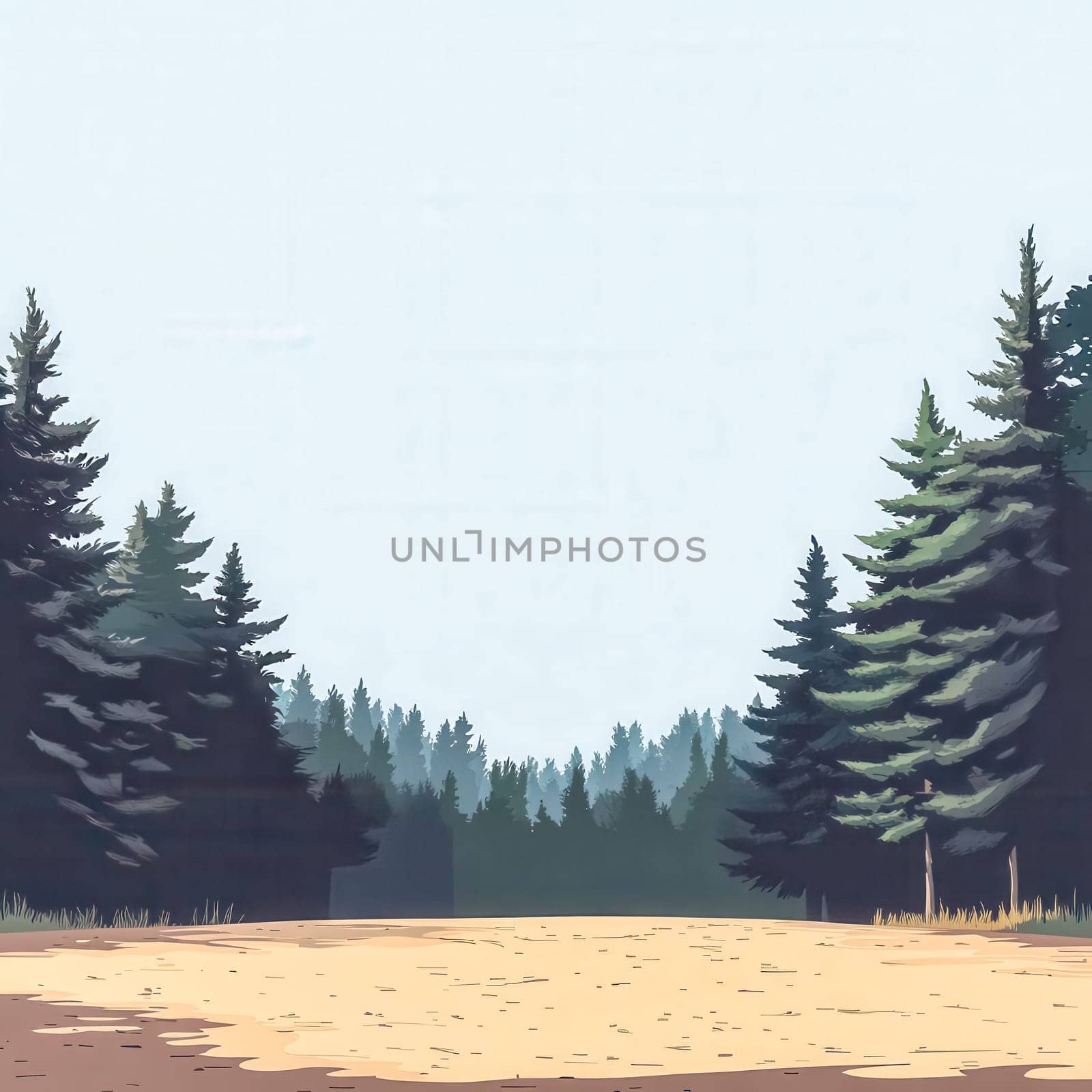 Opening into a tranquil forest clearing surrounded by a dense expanse of evergreen trees, offering a serene and inviting natural landscape filled with calm and beauty