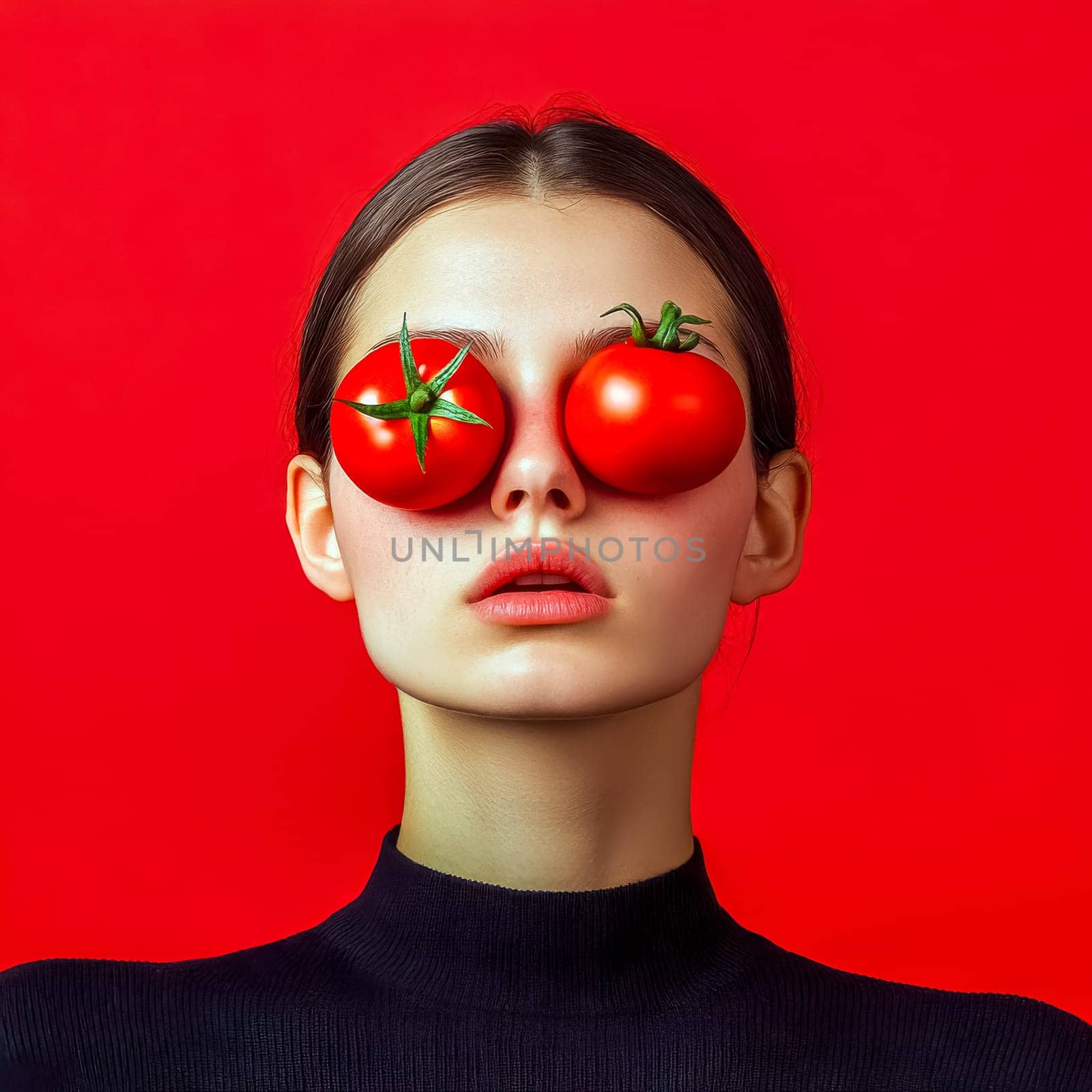 Young woman with a black turtleneck is posing with two red tomatoes covering her eyes, against a vibrant red background, creating a striking and surreal visual statement