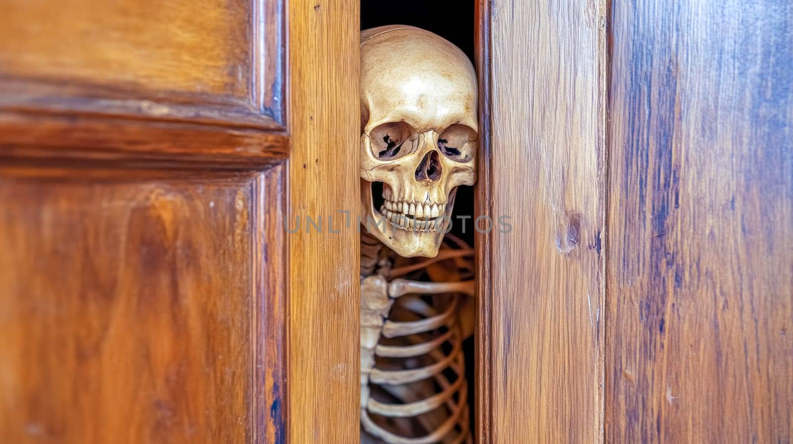 Plastic skeleton peeking out from behind an old wooden door, creating a spooky and mysterious atmosphere perfect for halloween or horror themed projects