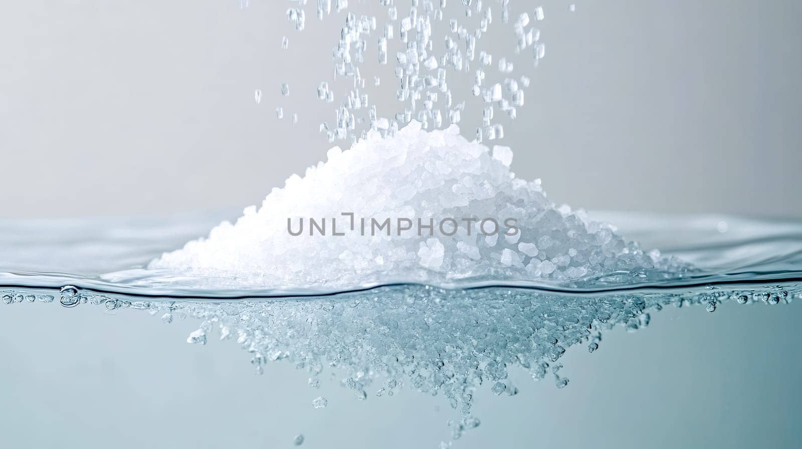 Coarse salt crystals dissolving in clean water create a visually captivating minimalist design, showcasing delicate bubbles and a smooth gradient background that enhances the scene
