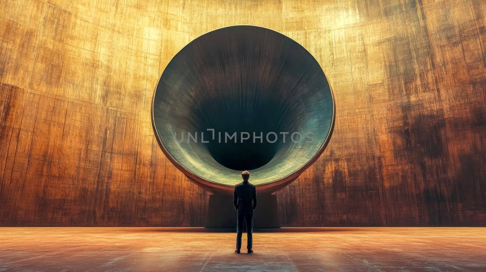 Businessman standing with his back to the viewer, contemplating a massive speaker like art installation in a modern gallery with textured, gold toned walls