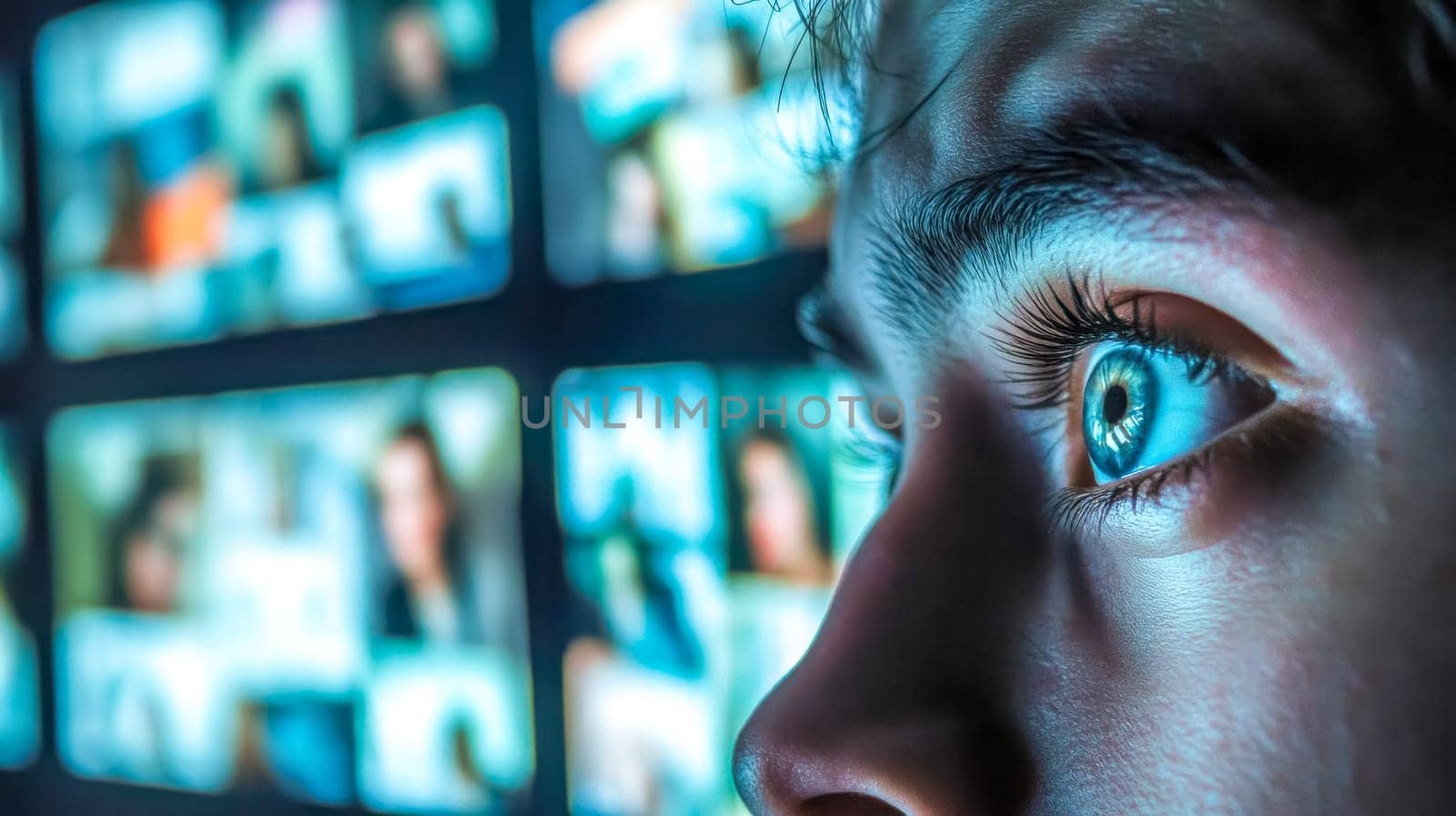 Close up of a young man's eye illuminated by the glow of multiple screens displaying social media content, highlighting the immersive and potentially overwhelming nature of online engagement