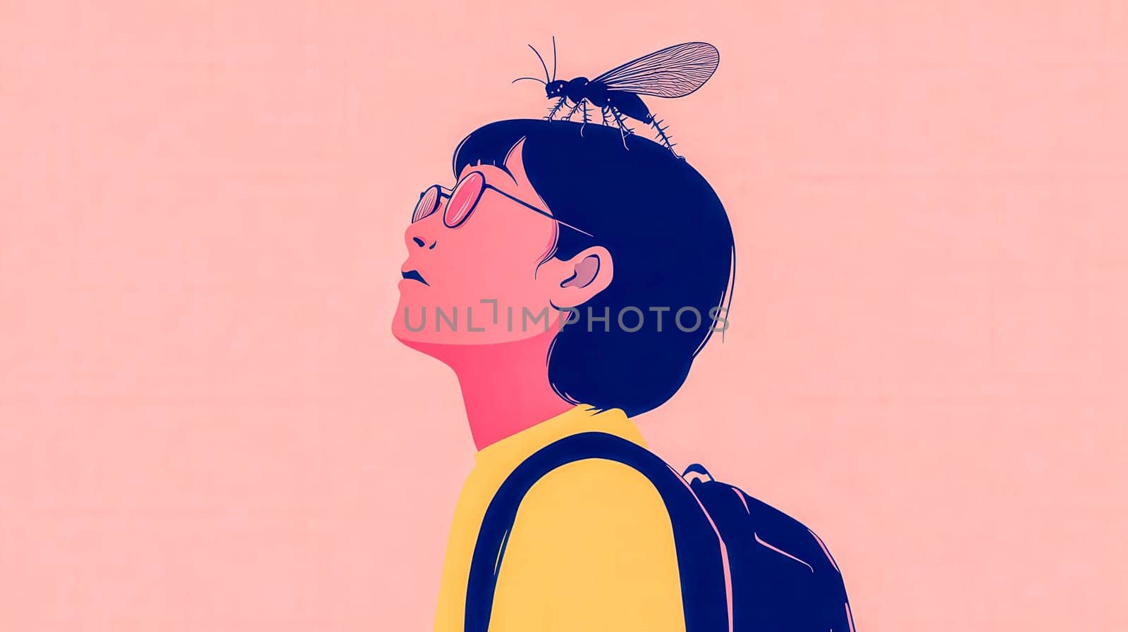 Surreal illustration depicts a student with glasses and a backpack, looking upwards with a large insect perched on their head against a solid pink background