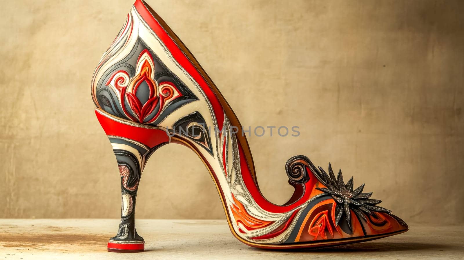 High heel shoe with a bold, intricate design in red, orange, black, and white, standing on a table against a textured background, showcasing its unique craftsmanship and fashionable appeal