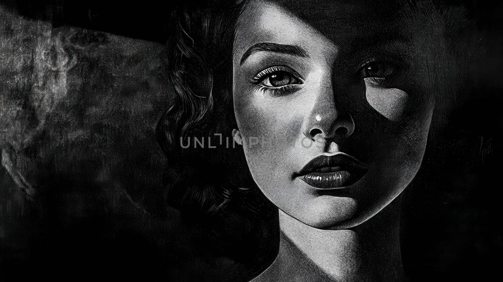 Dramatic black and white portrait featuring a woman with wavy hair, partially obscured by shadows, creating a mysterious and evocative atmosphere