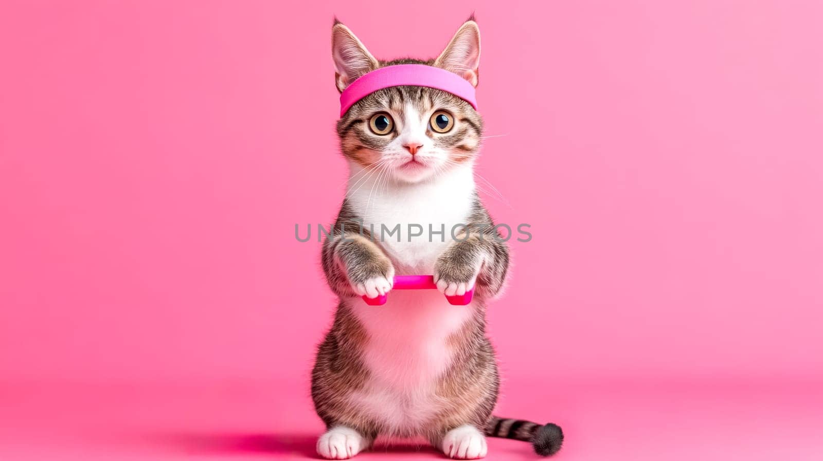 Adorable kitten wearing a pink fitness headband lifting a matching pink dumbbell while standing on a vibrant pink background, showcasing a humorous and motivational fitness concept