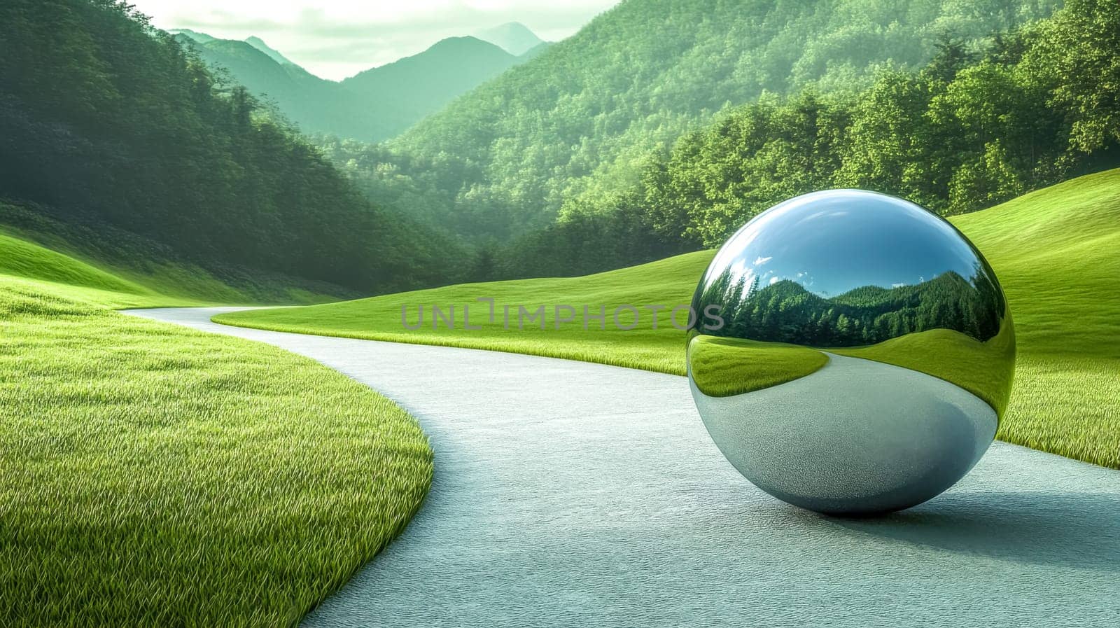 Large, reflective sphere rolls down a winding path through a lush green landscape, reflecting the surrounding scenery in its polished surface