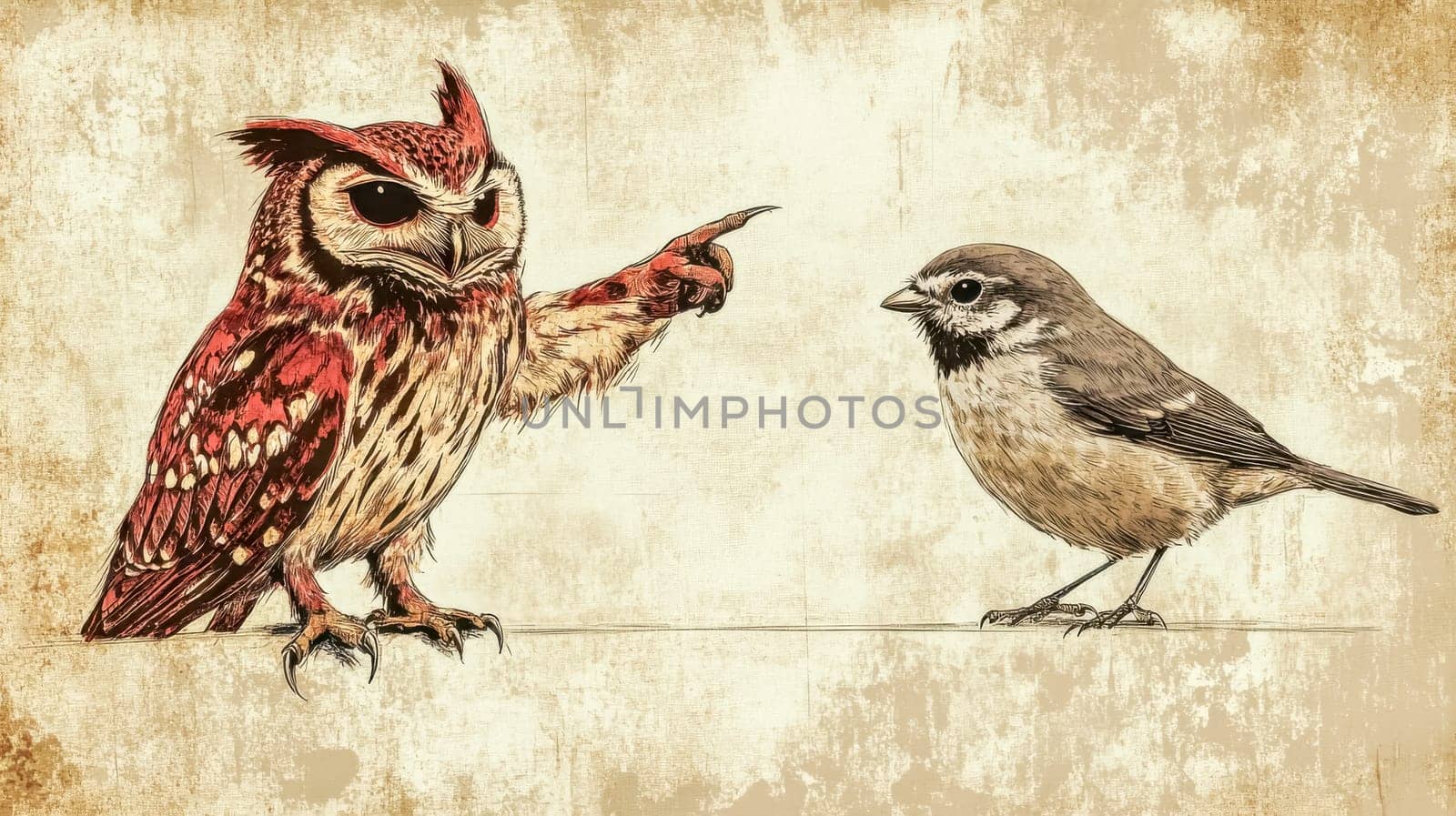 Illustration of an angry owl pointing its talon at a small sparrow while perched on a branch, conveying a sense of conflict or accusation in a vintage style