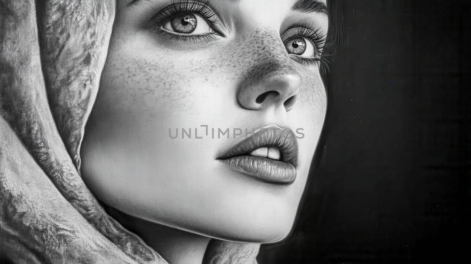 Close up black and white portrait showcasing a young woman with delicate freckles, elegantly wearing a headscarf, capturing a dramatic and expressive moment against a dark background