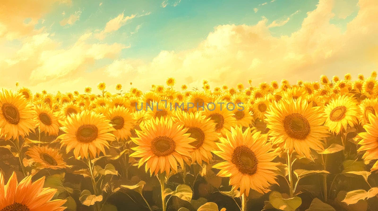 Sunflowers are blooming in a vast field, bathed in the warm glow of golden sunlight filtering through a cloudy sky, creating a picturesque rural landscape