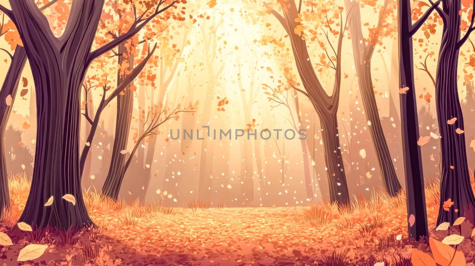 Golden sunlight filters through the colorful autumn trees in a serene forest, creating a magical atmosphere as leaves gently fall, covering the ground in warm hues