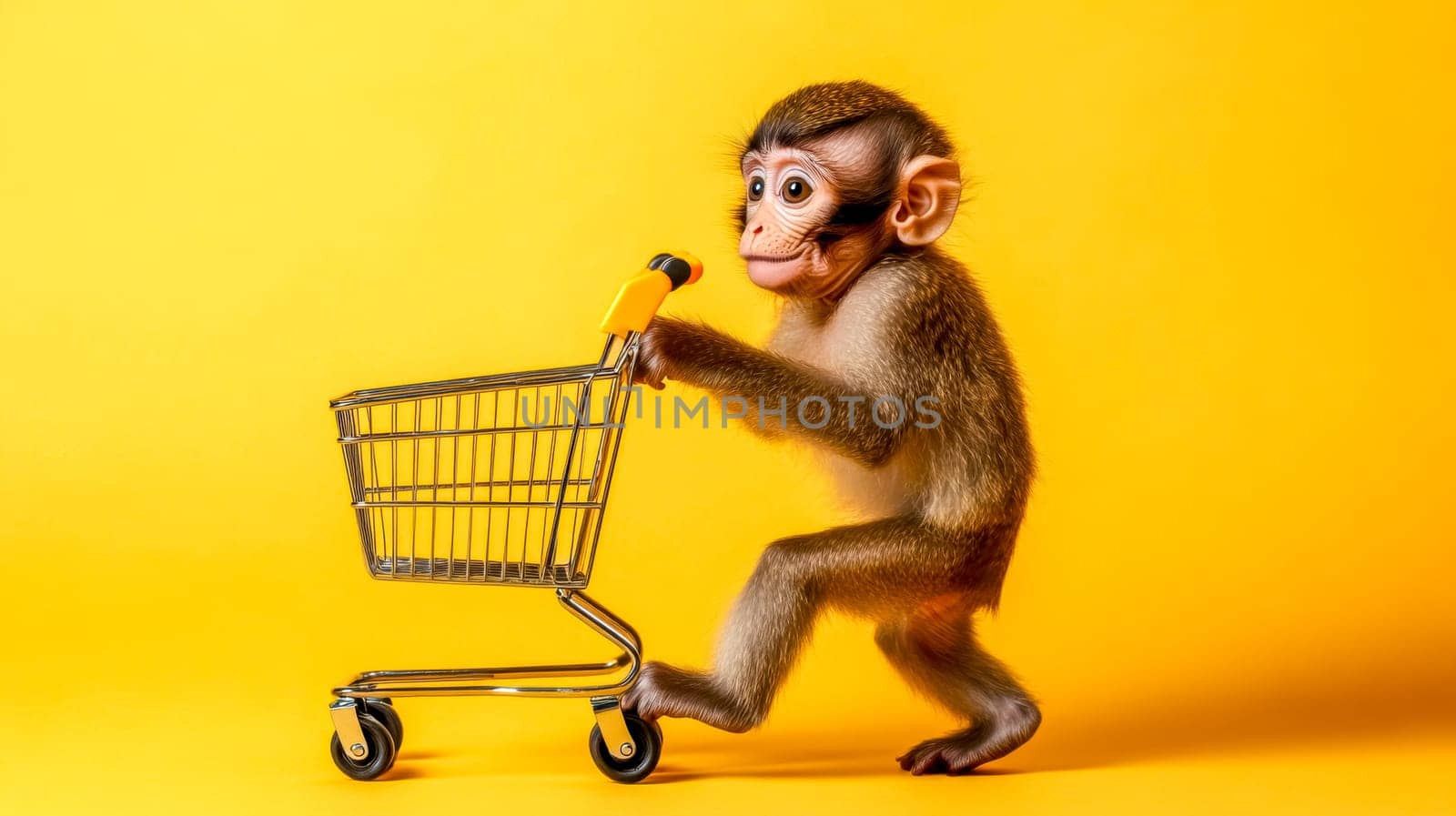 Small monkey pushing an empty shopping cart on a vibrant yellow background, creating a funny and engaging scene related to consumerism, shopping, and primate behavior