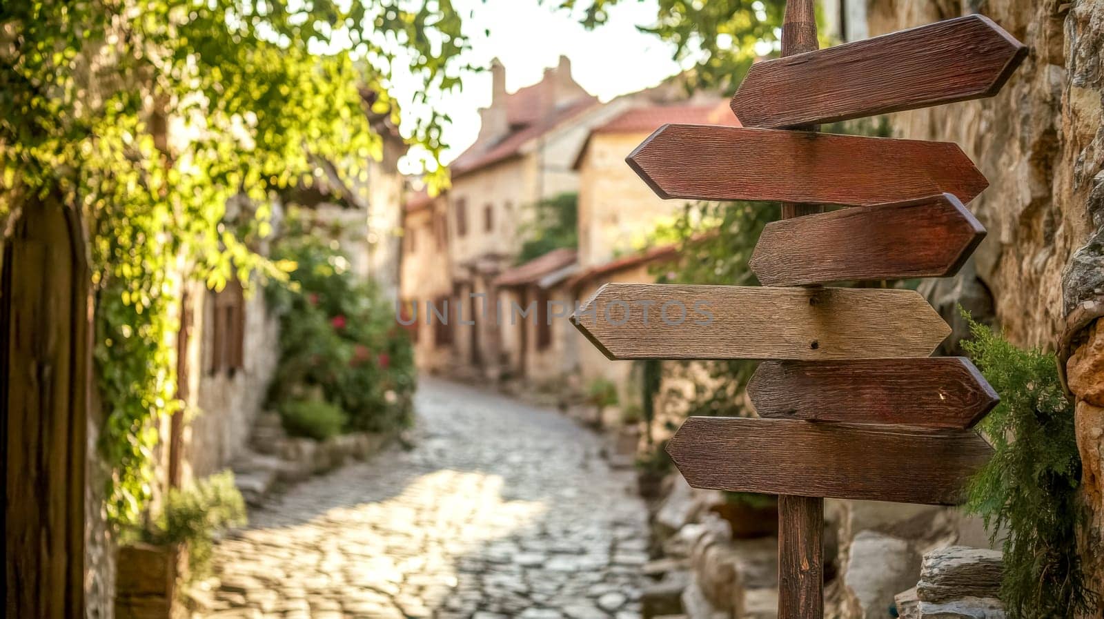 Empty wooden directional signs stand in the foreground, pointing towards various destinations within a picturesque medieval village, creating a sense of exploration and adventure
