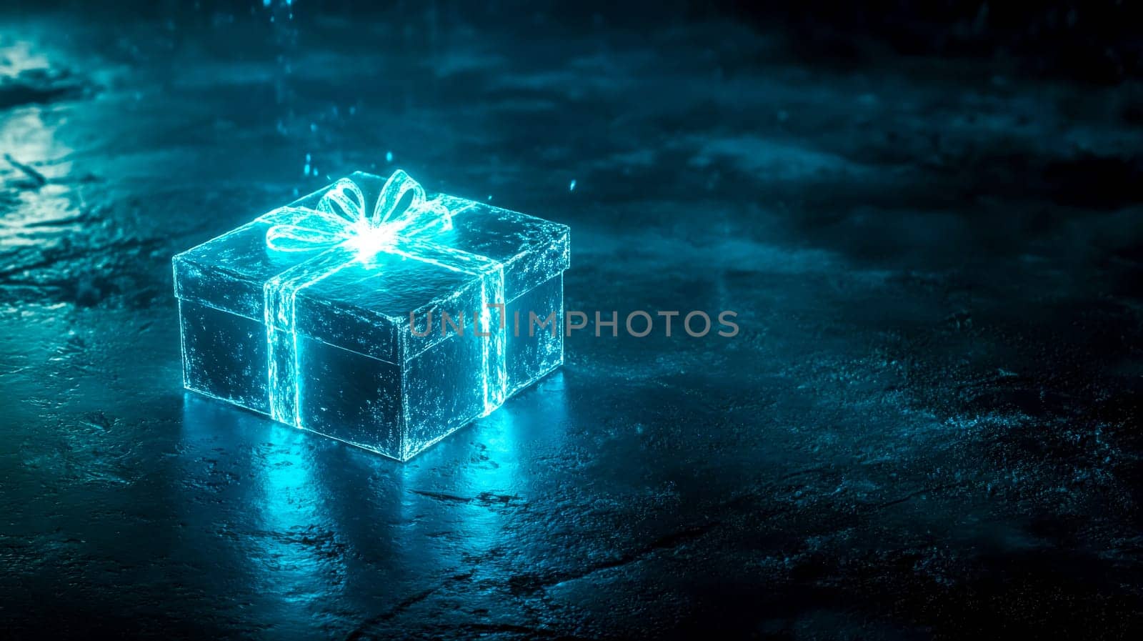 Radiant, ethereal gift box, crafted from light and water, sits on a dark, wet surface, emanating a magical glow that evokes mystery and celebration