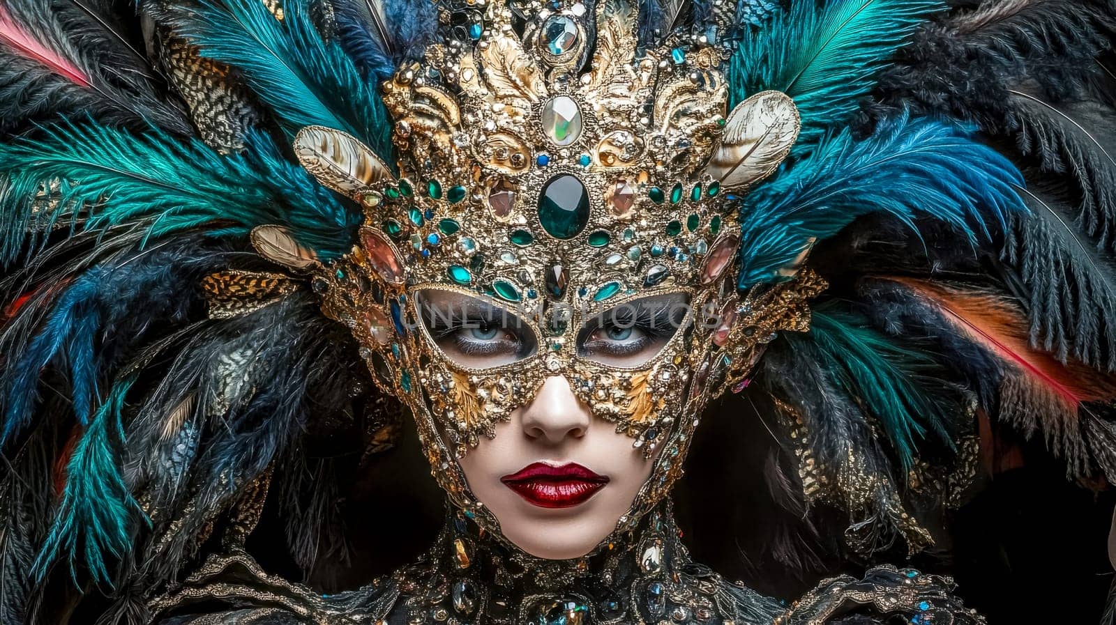 Close up portrait of a woman wearing an ornate gold mask decorated with feathers, gemstones, and intricate designs, creating a luxurious and mysterious atmosphere