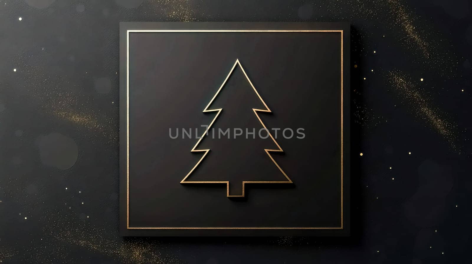 Minimalist and elegant christmas greeting card featuring a golden christmas tree outline on a dark background with golden glitter, perfect for corporate holiday greetings