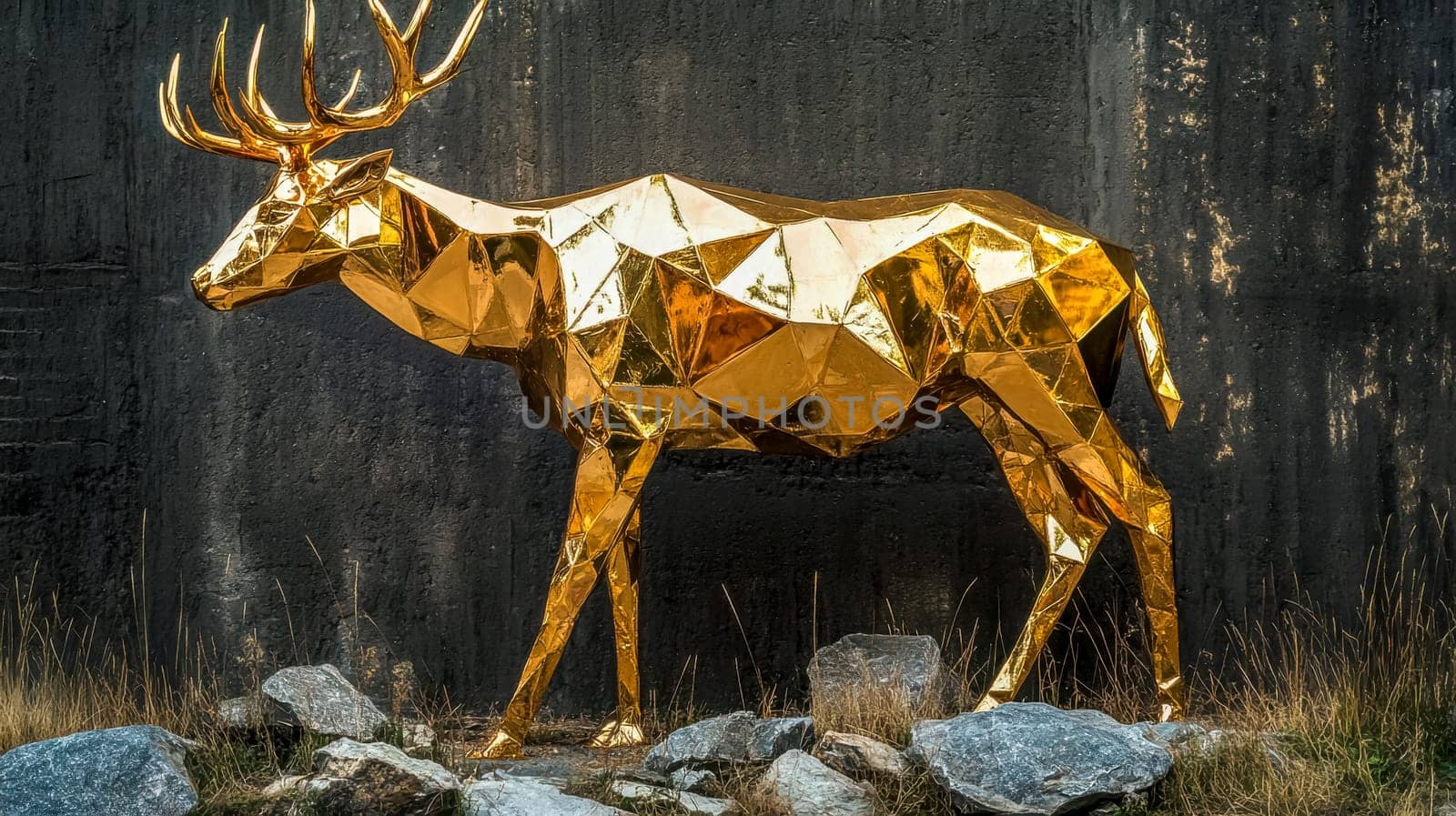 Majestic golden polygonal deer sculpture standing proudly against a dark wall, adding a touch of artistic flair to a modern urban environment, surrounded by rocks and dry grass