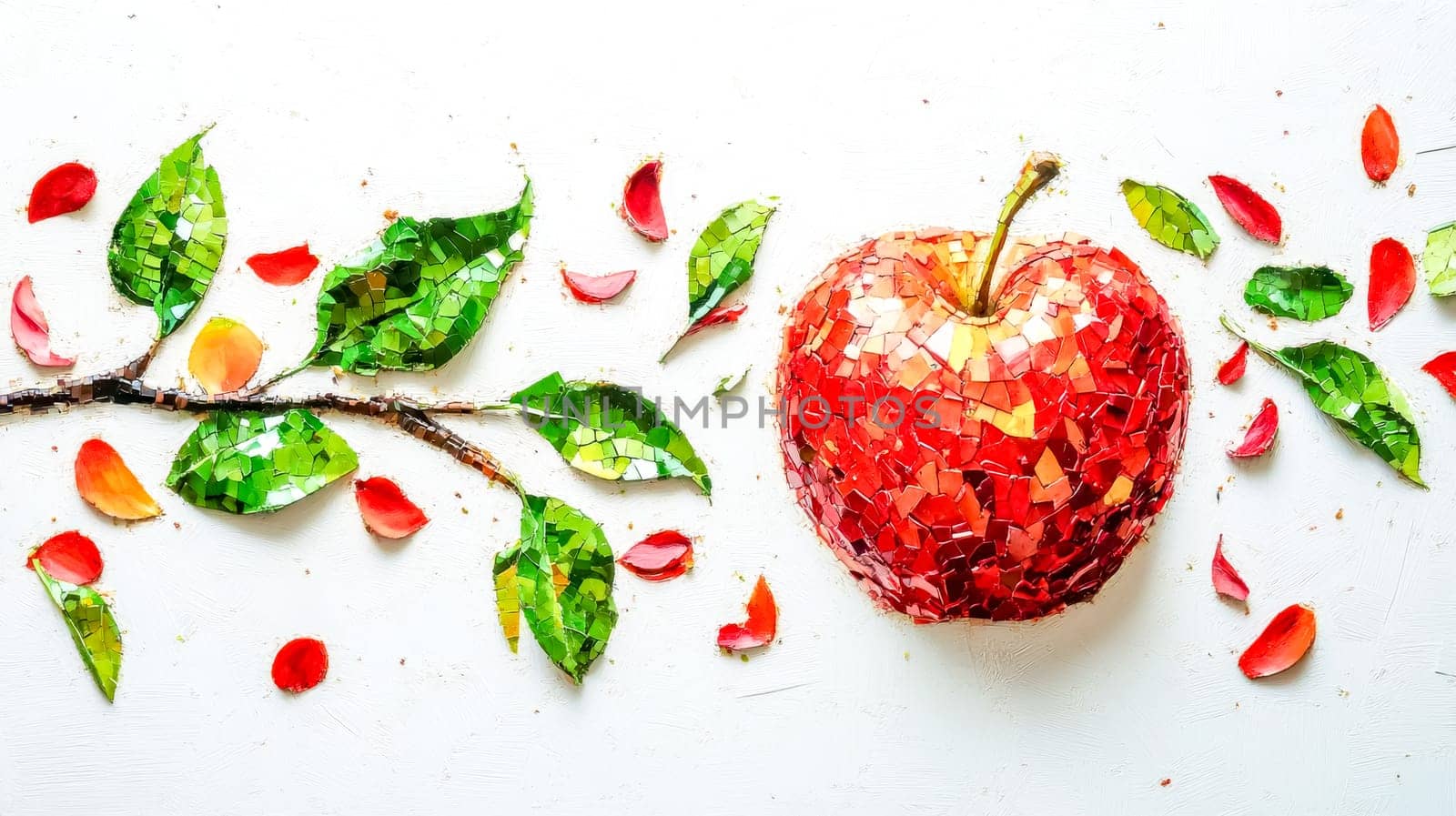 Colorful mosaic artwork of a red apple crafted from small red and green pieces, accompanied by a branch with green leaves and scattered petals on a white background