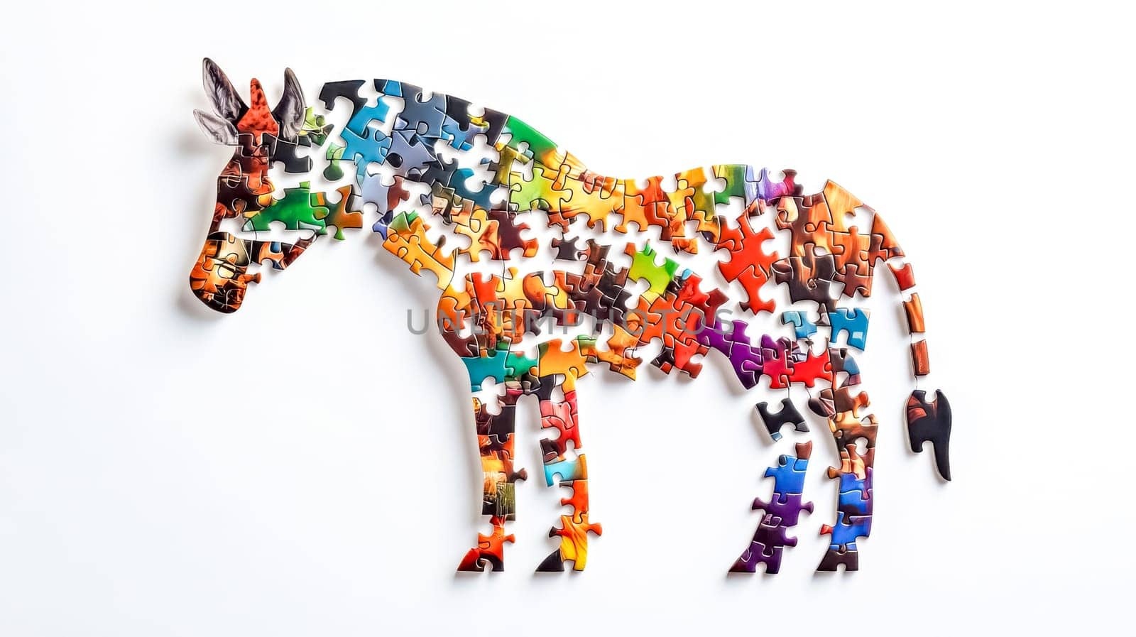 Multicolored puzzle pieces arranged on a white surface, creating the silhouette of a zebra, symbolizing problem solving, creativity, and the interconnectedness of nature