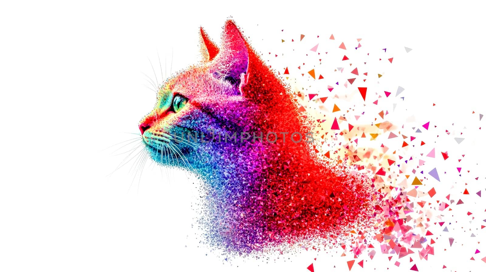 Rainbow colored cat portrait dissolving into small triangles and diamonds creating an abstract and vibrant design against a white background