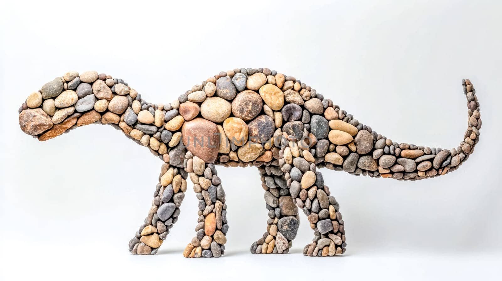 Pebbles of various shapes and colors forming a dinosaur figure standing on a white background, creating a unique and artistic representation of a prehistoric creature