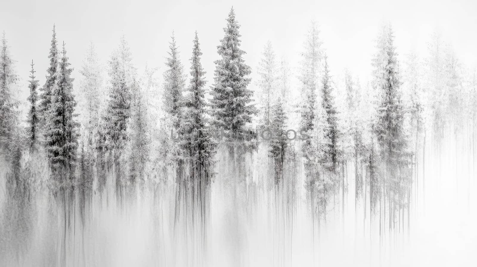Coniferous trees covered with snow create a magical atmosphere in a misty winter forest, with a blurred effect adding a touch of mystery and serenity to the black and white scene