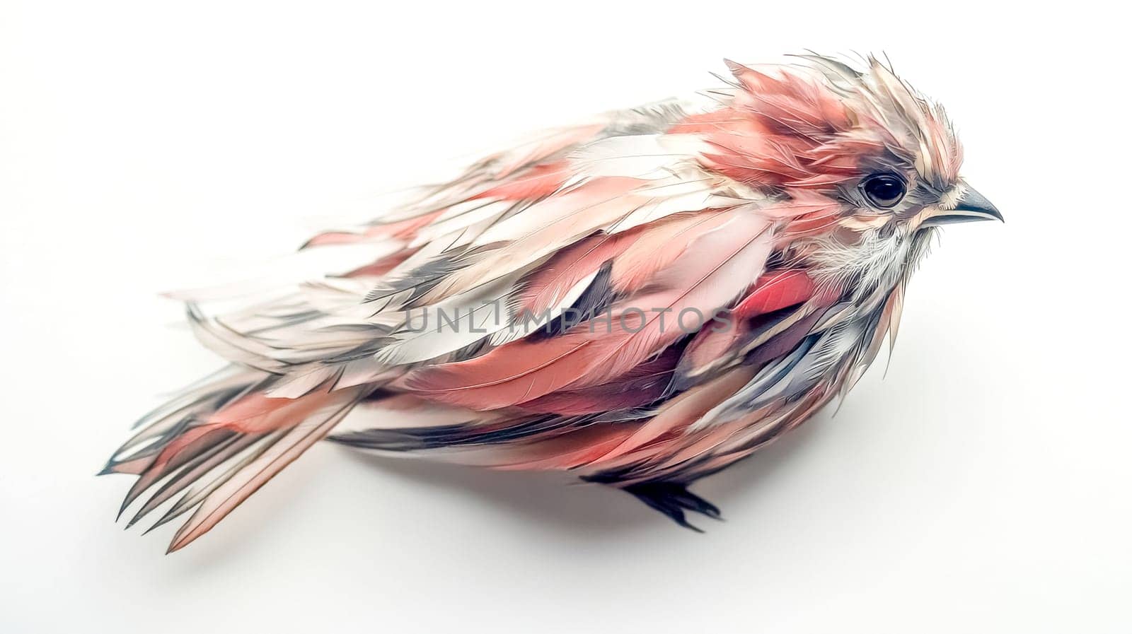 Small bird created by assembling many tiny feathers of various colors lies on a white background, showcasing the intricate details and textures of the feathers