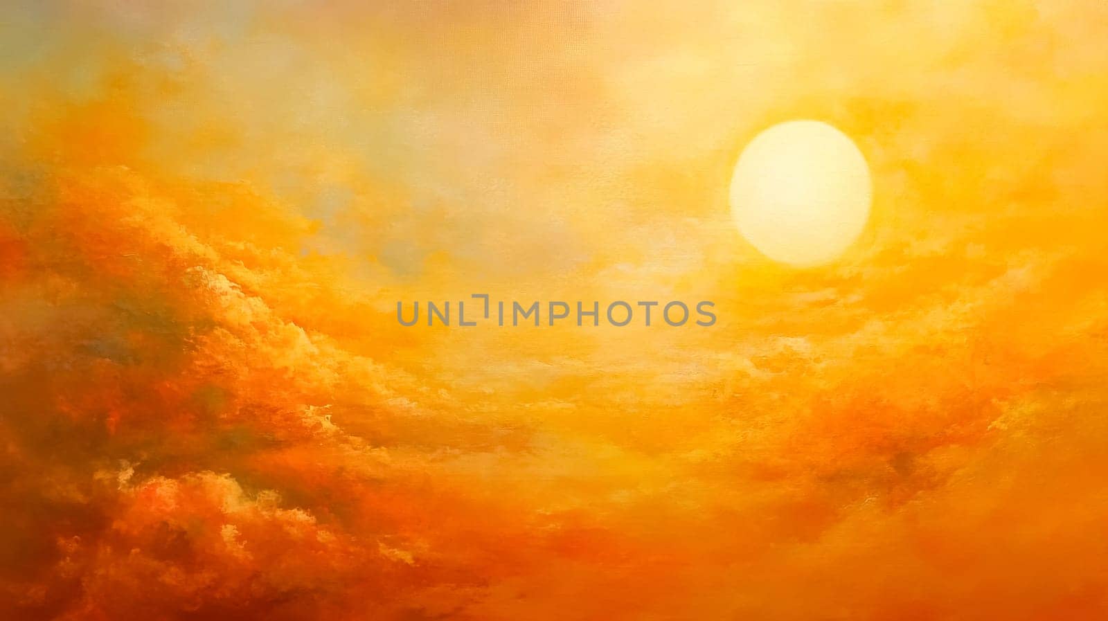Capturing the beauty of a vibrant sunset, a bright sun shines through golden clouds, illuminating the sky with warm shades of orange and yellow, creating a serene atmosphere