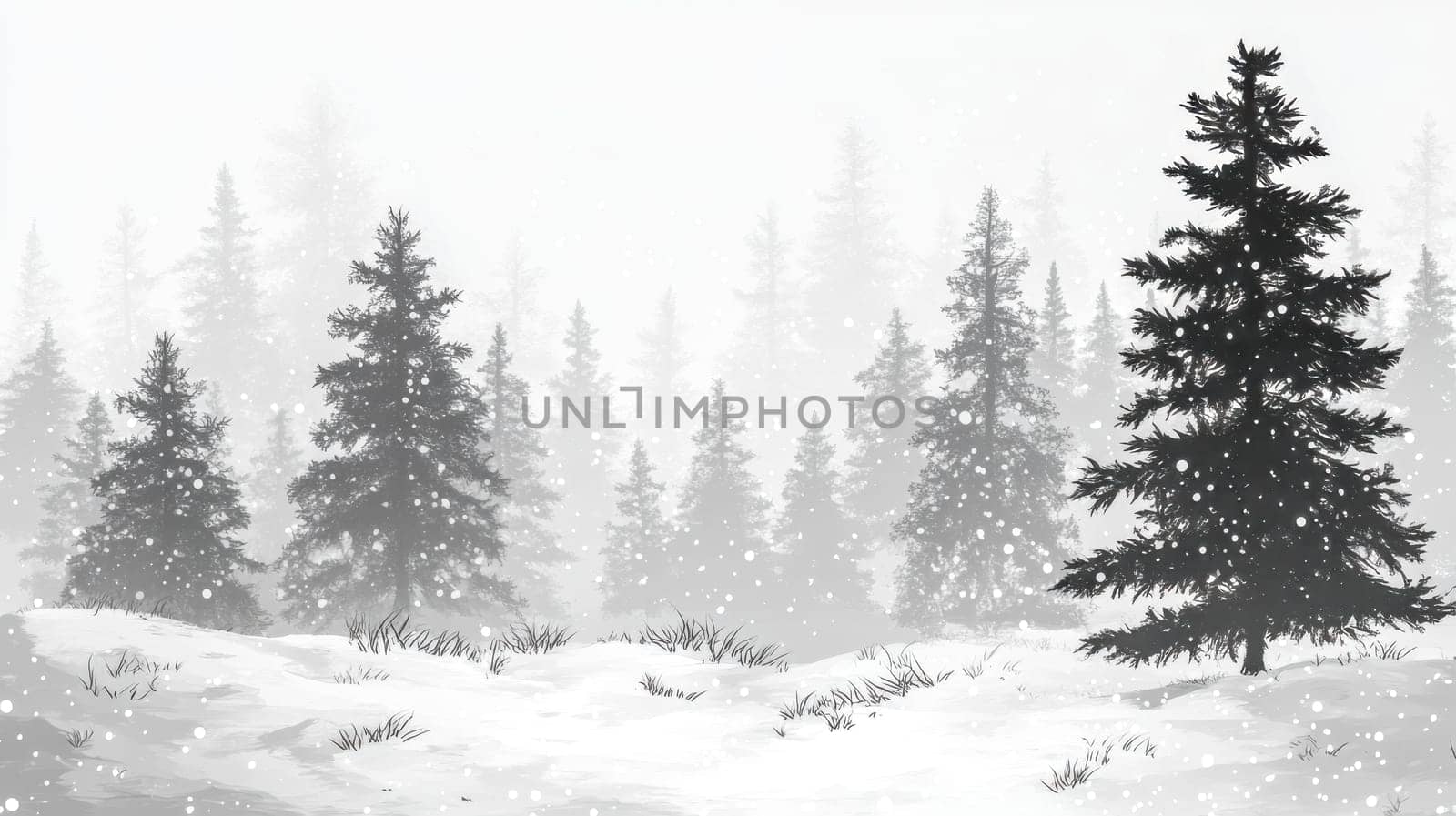 Snow is gently falling on majestic pine trees in a serene winter forest landscape, creating a picturesque scene of tranquility and natural beauty