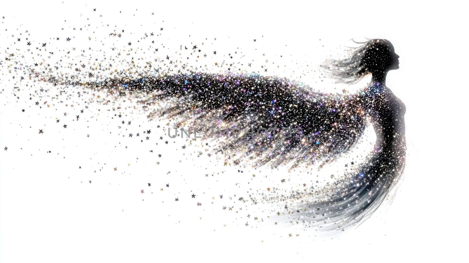 Silhouette of an angelic figure with flowing hair and wings composed of shimmering, sparkling stars against a pure white backdrop, creating a dreamy and ethereal atmosphere