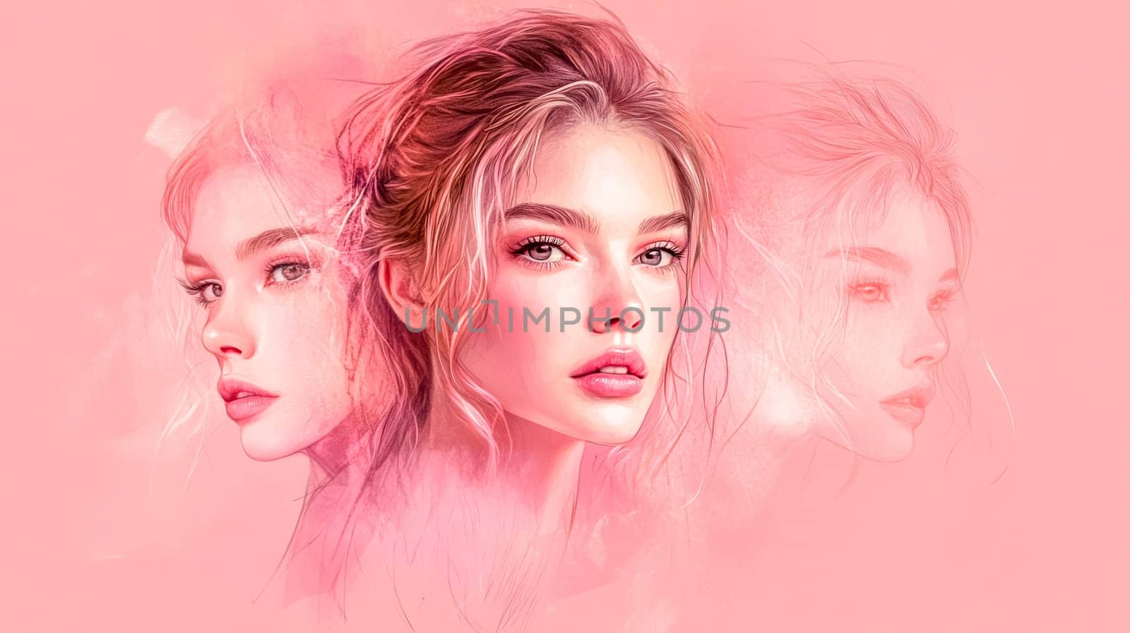 Digitally enhanced portrait showcases a beautiful woman with flowing hair, presented in three distinct shades of pink, creating a visually captivating image for fashion and beauty concepts