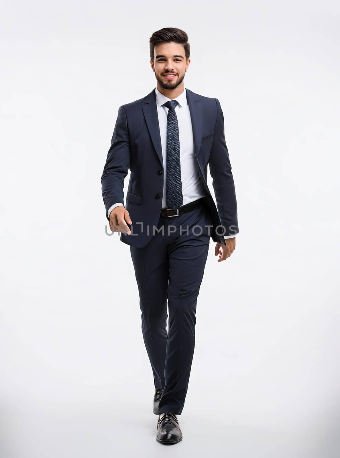 Full length portrait of a businessman in suit walking confidently isolated on white background. Male office worker professional attire and positive smile