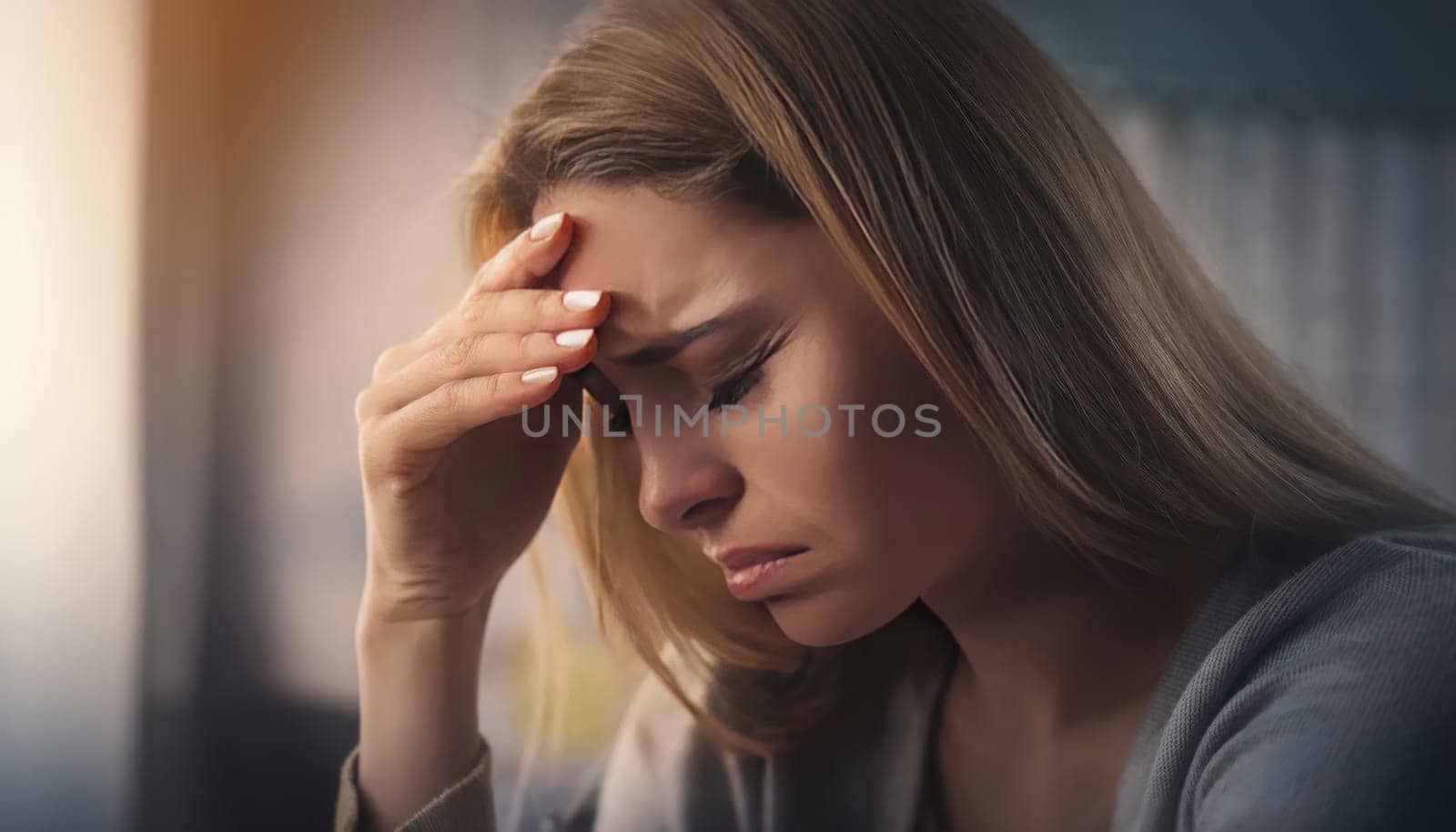 Depressed young woman closeup portrait keeps hand to forehead feeling stress. Anxious female portrait