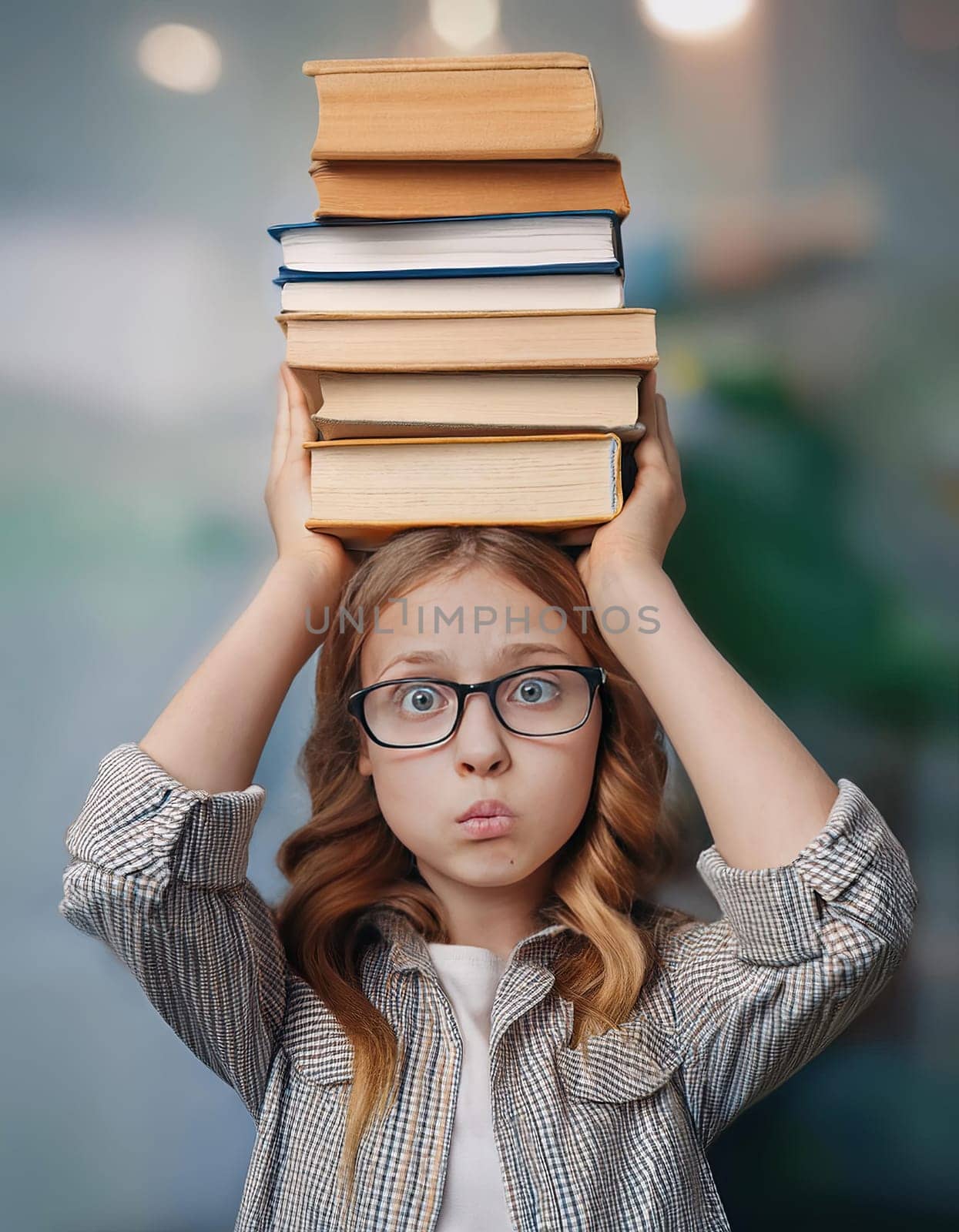 Fatigue pupil girl holds a pile of books on her head looks confused and bewildered due high volume of homework. Teenage student tired of difficult educational system