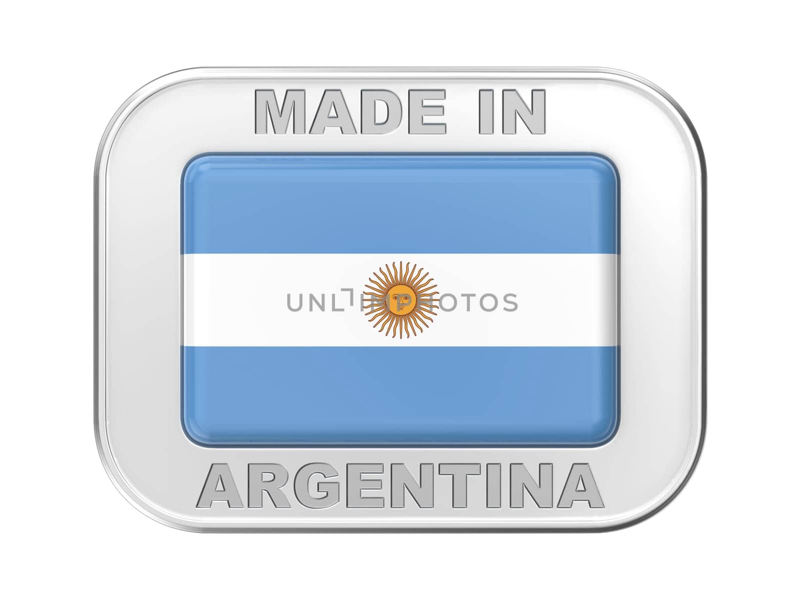 Made in Argentina, silver badge with the national flag of the Argentine Republic