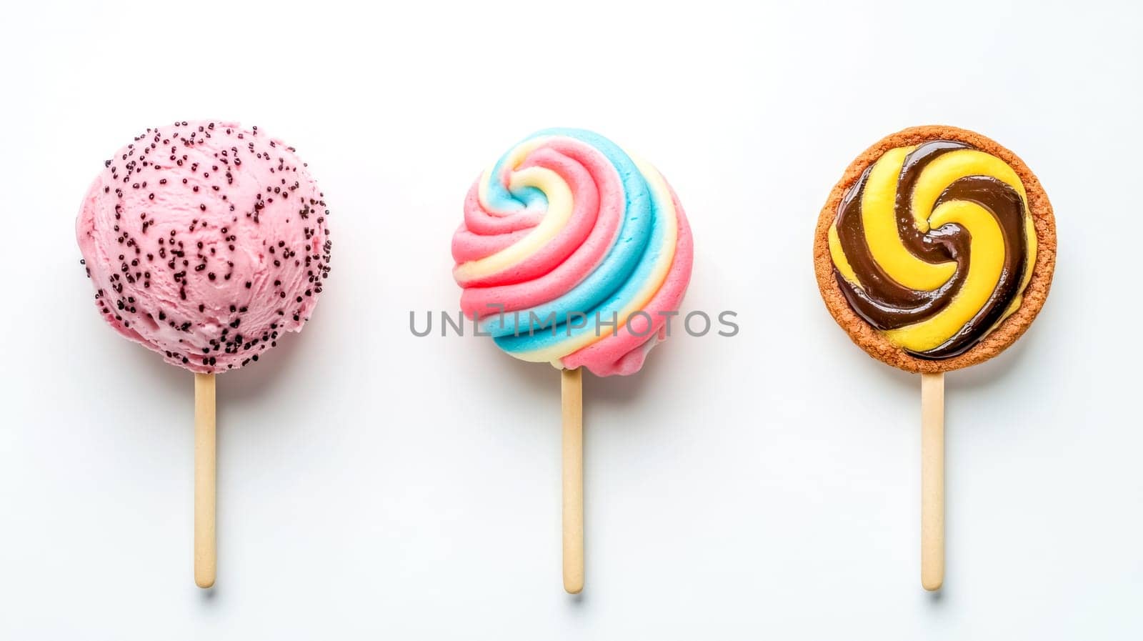 Three colorful and delicious cake pops including ice cream, swirl lollipop and cookie are lying on a white background, creating a sweet and tempting visual
