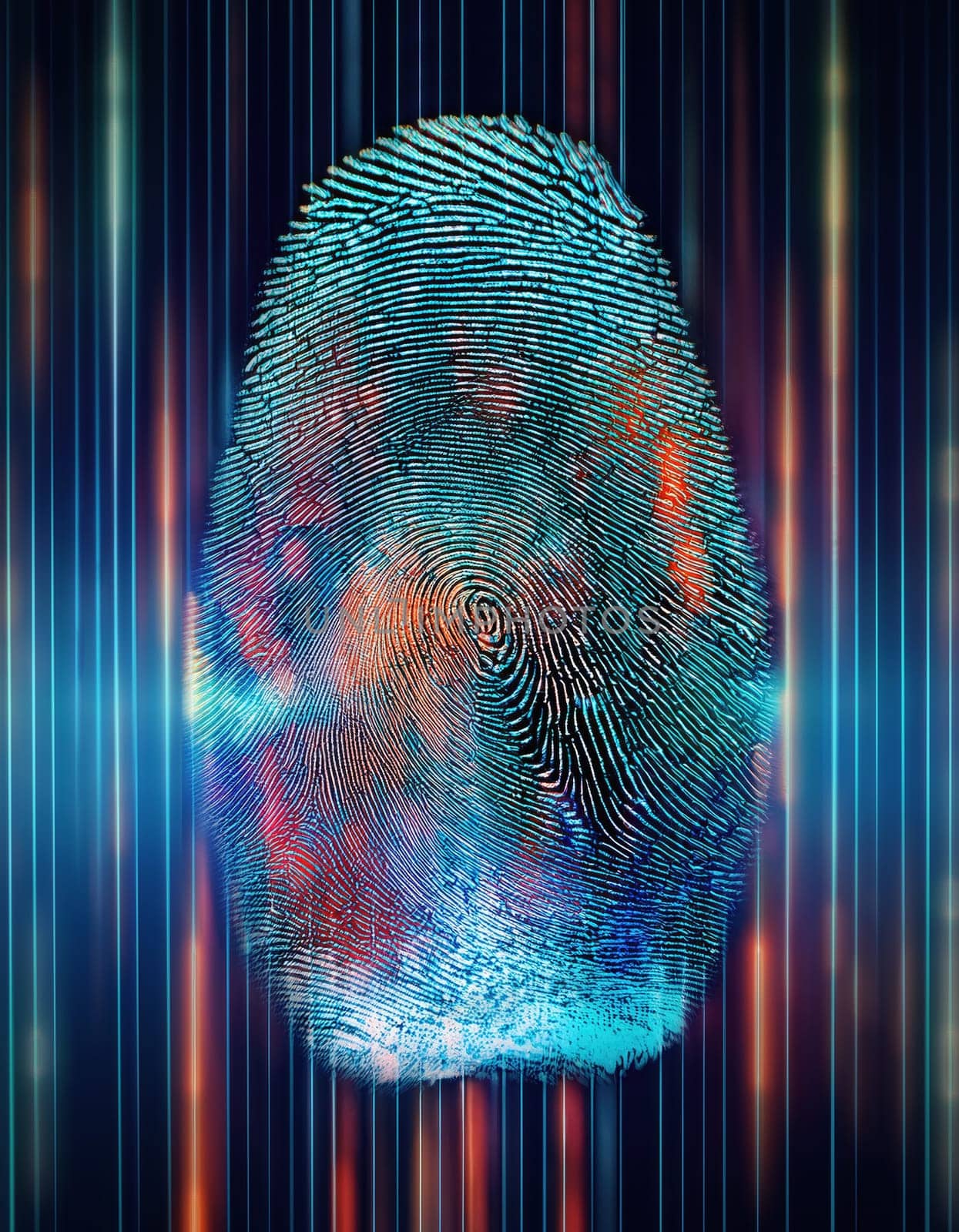 Fingerprint in vibrant hues with dynamic motion lines and patterns creating a striking visual effect with unique identification. Personal identity and security privacy concept