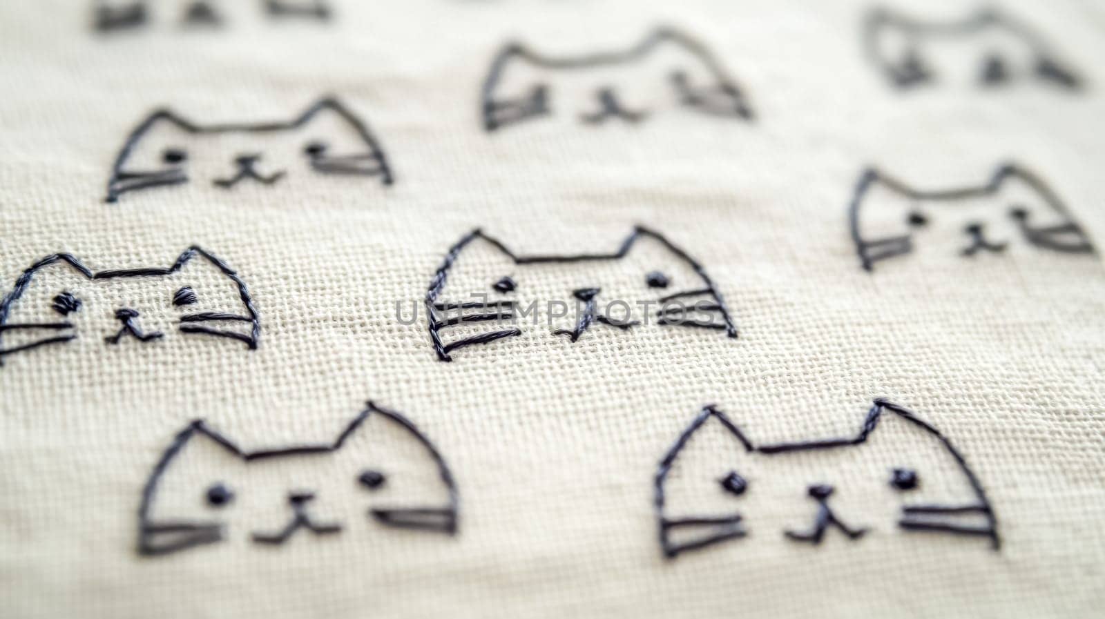 Simple line stitches form charming cat faces, repeated in a delightful pattern across a textured fabric, showcasing the art of minimalist embroidery