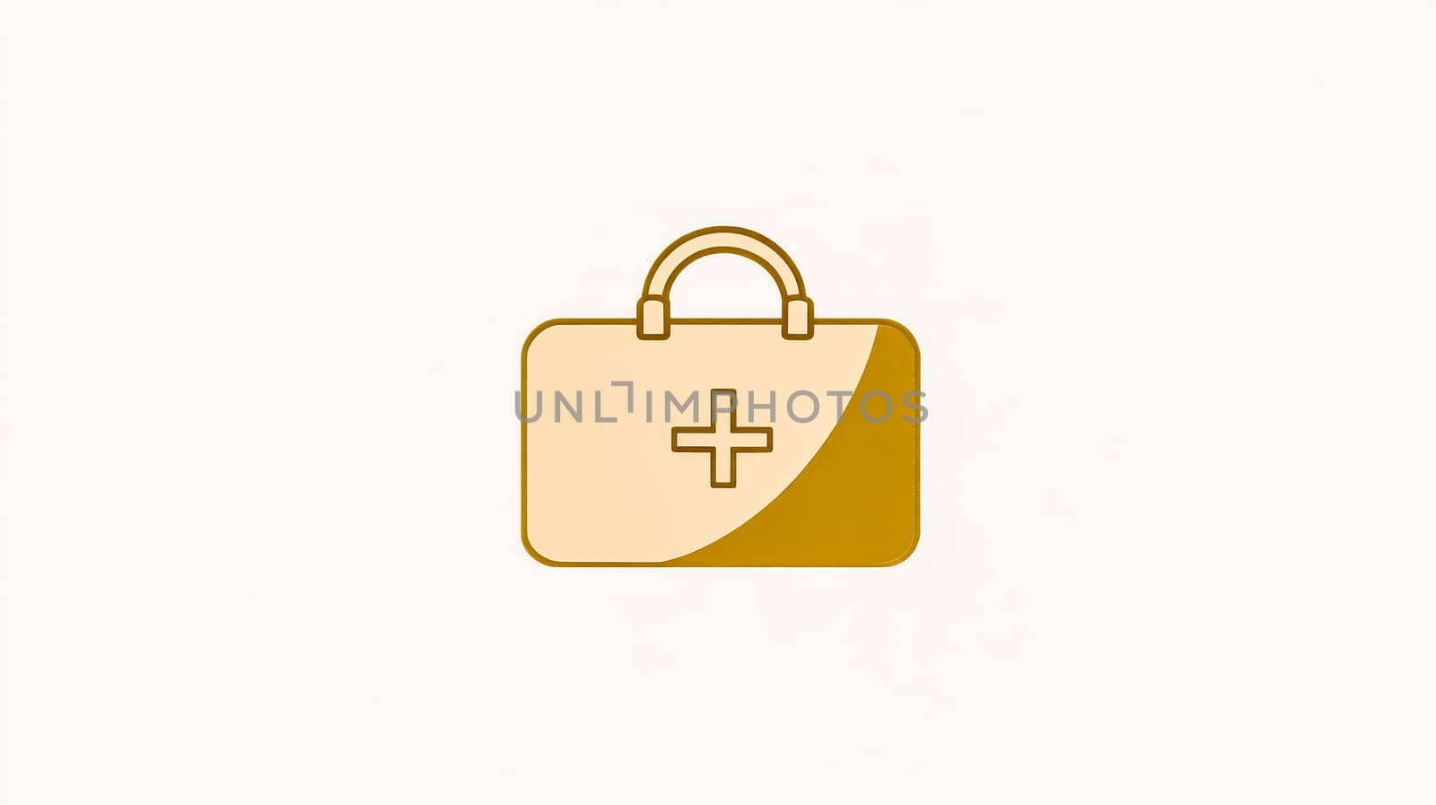 Minimalist golden medical briefcase icon featuring a prominent cross symbol, symbolizing healthcare and first aid, set against a clean white background