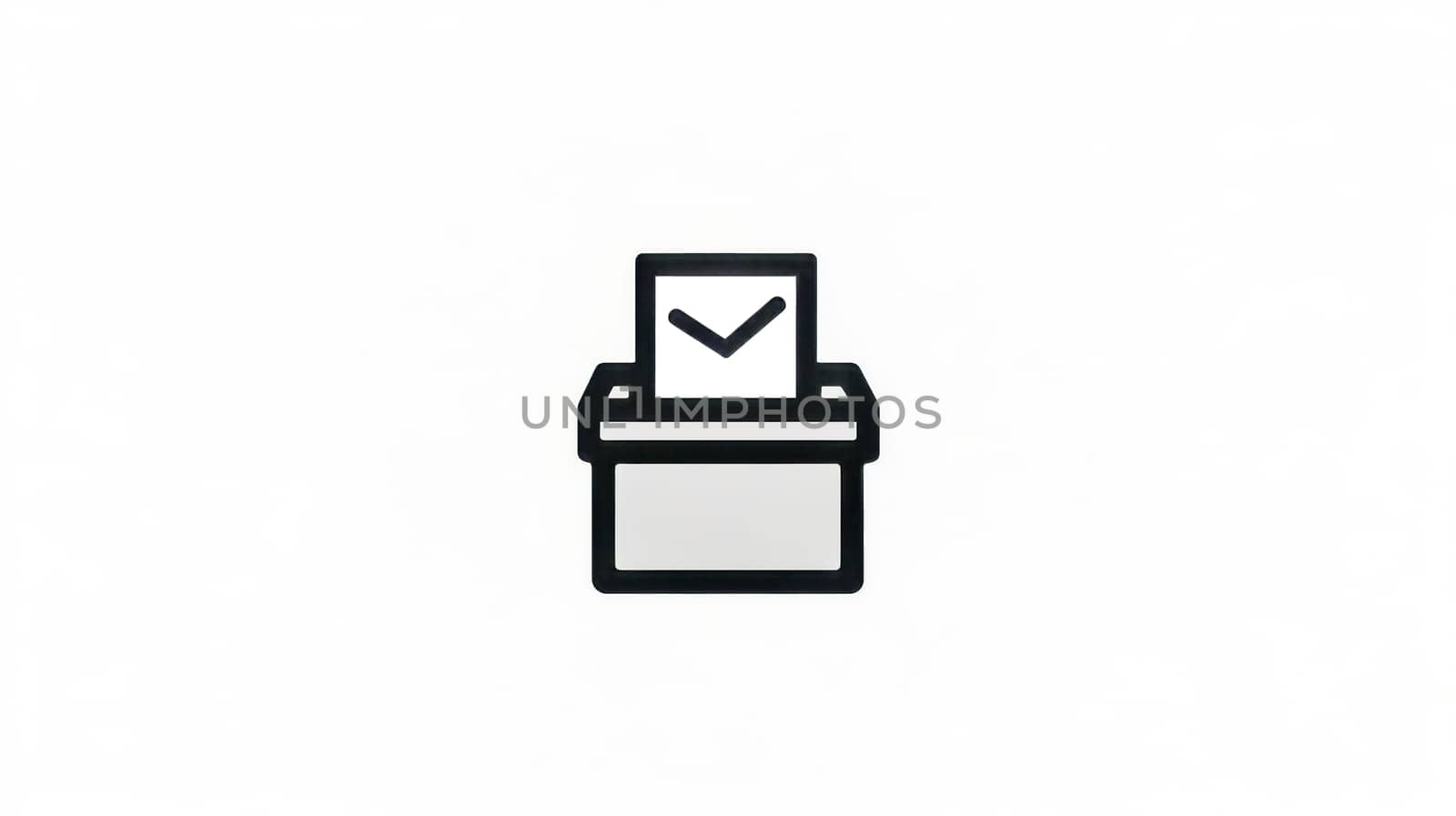 Simple ballot box icon receiving a voting paper with a check mark on a solid white background, representing the concept of voting and elections