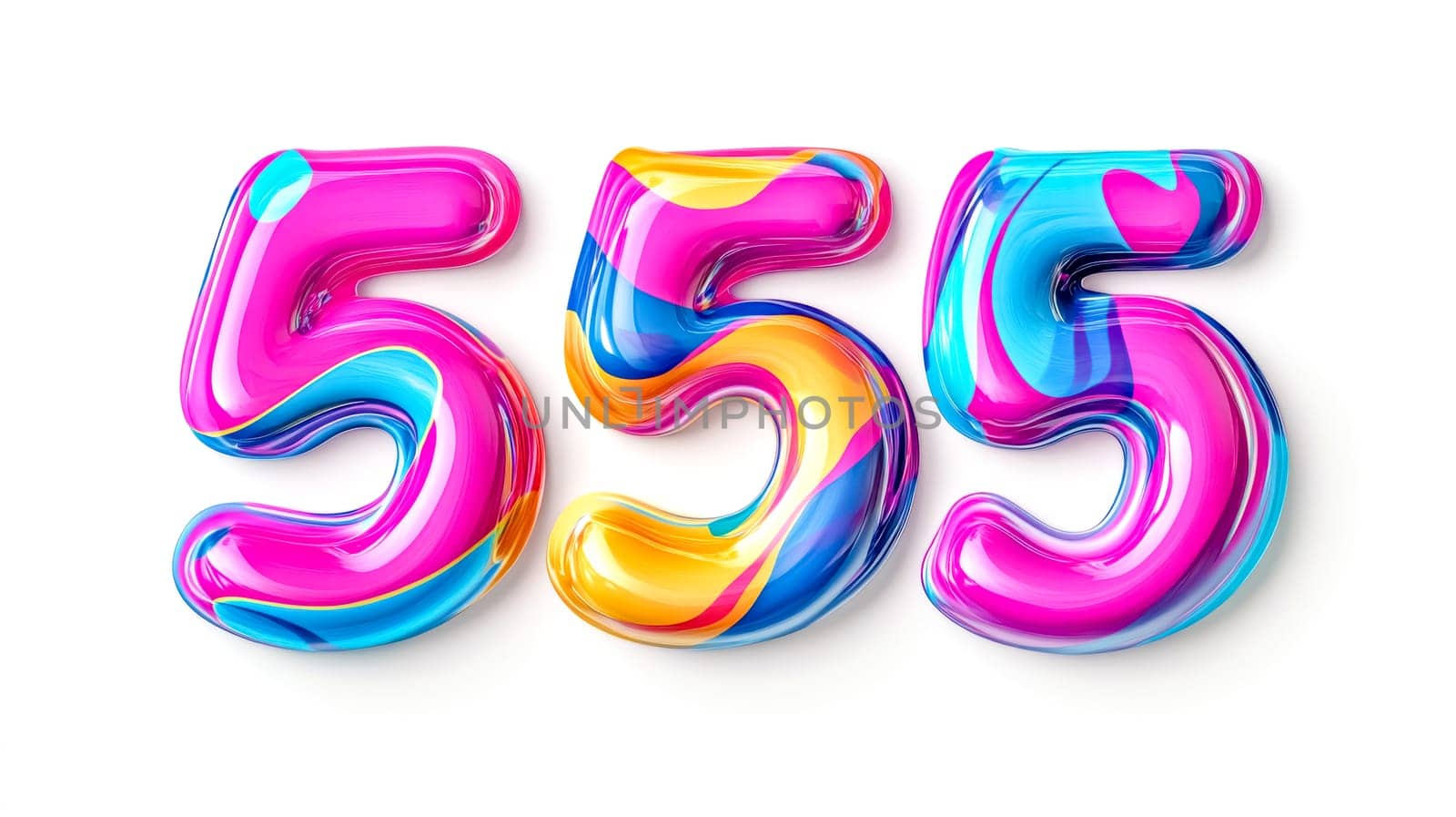 Three colorful number fives with glossy and shiny paint strokes are displayed on a clean white background, creating a vibrant and playful composition