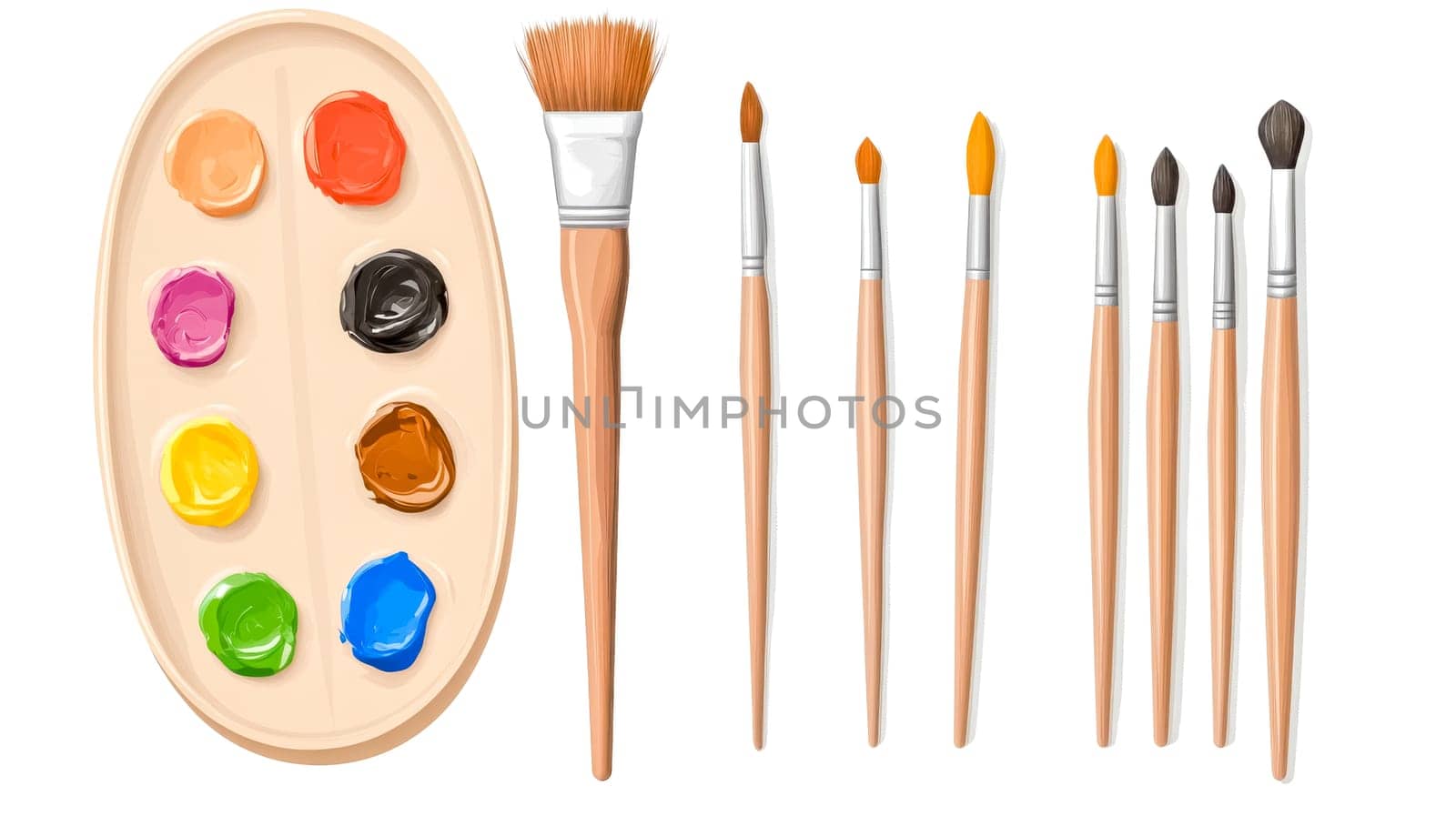 Set of art supplies is displayed, featuring a palette with vibrant paint blobs and an assortment of paintbrushes, creating a scene ready for artistic expression