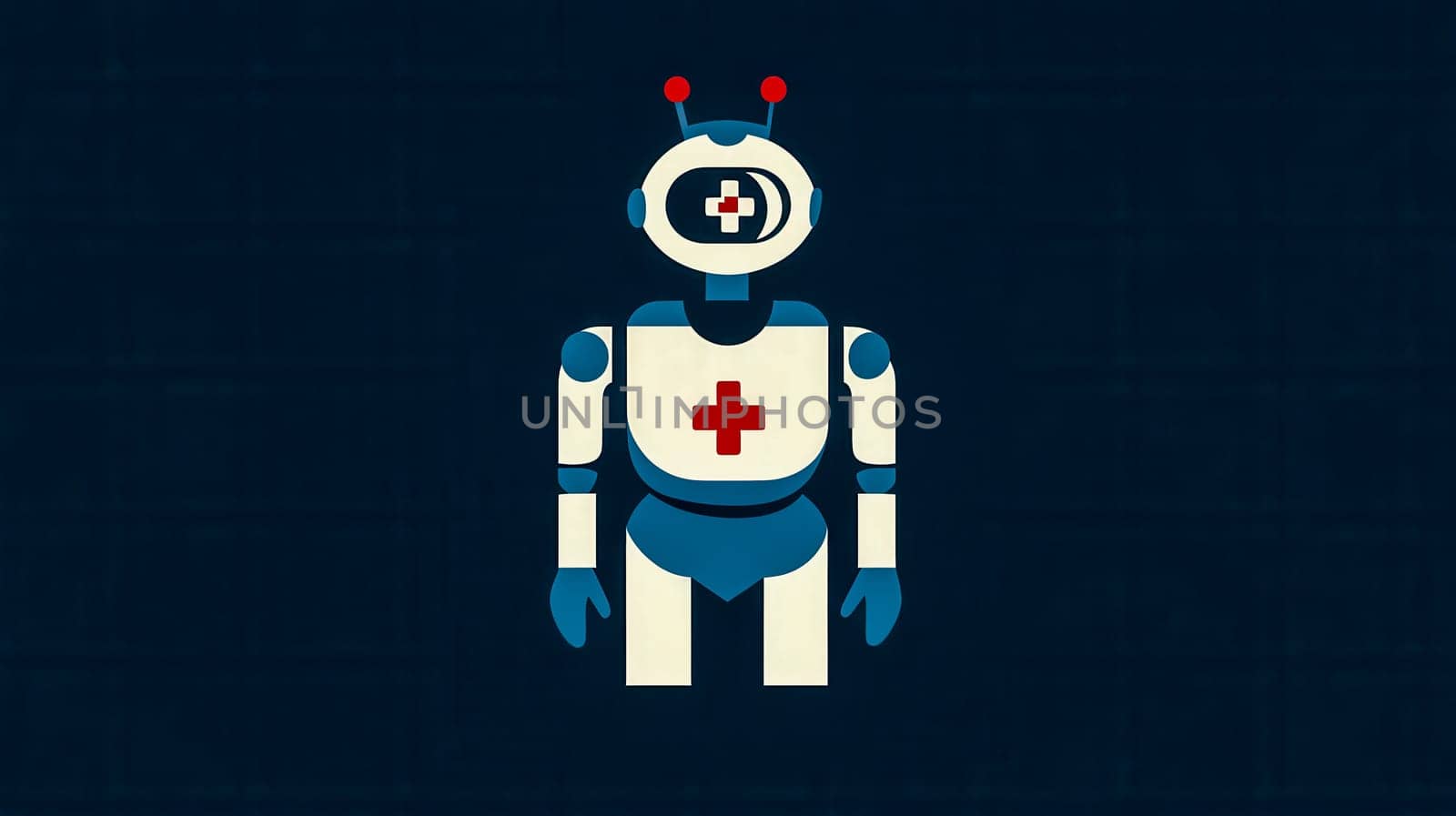 Medical robot assistant standing against a dark blue background, potentially symbolizing the future of healthcare and the increasing role of robotics in medical fields