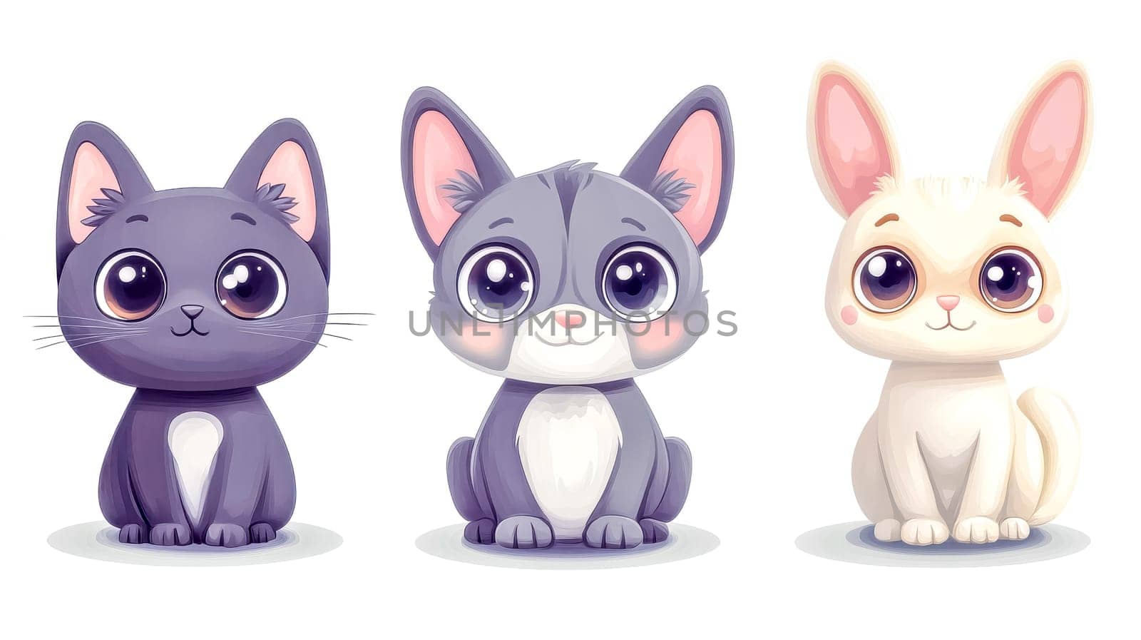 Charming illustration featuring three adorable baby animalsa dark gray cat, a light gray kitten, and a white bunnysitting with large, expressive eyes and sweet expressions