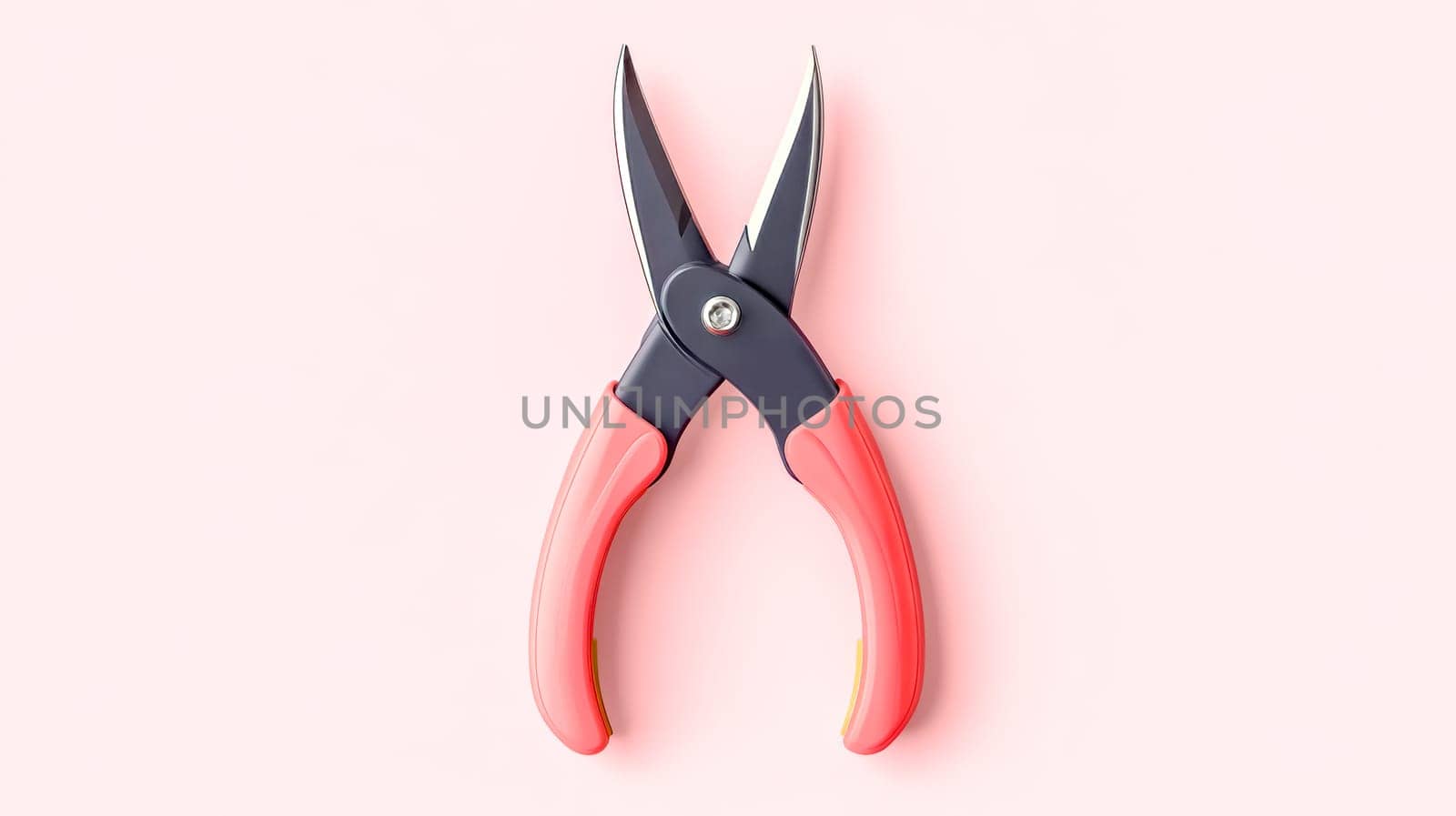 Pink wire cutters with dark gray metallic blades lying open on a solid light pink background, creating a minimalist and visually appealing composition