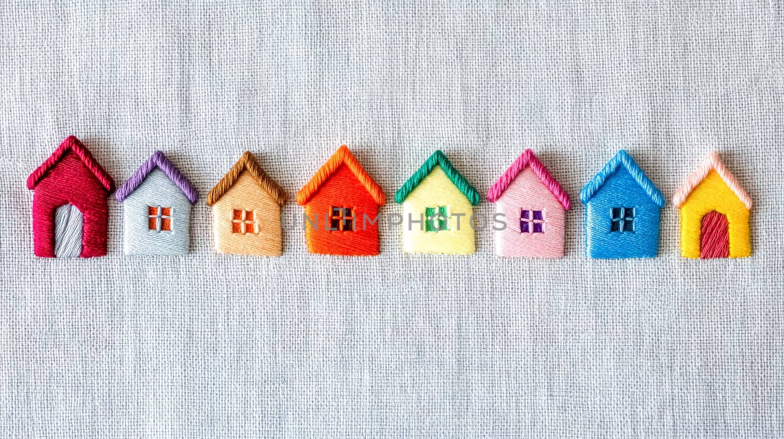 Eight small colorful houses are embroidered and forming a neat row on a piece of light gray linen fabric, creating a charming and whimsical scene