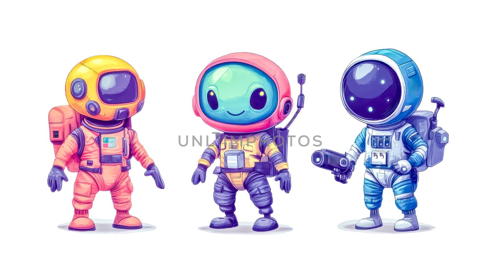 Three colorful astronauts in vibrant spacesuits are embarking on an exciting adventure, exploring the vast expanse of space while discovering the wonders of the cosmos