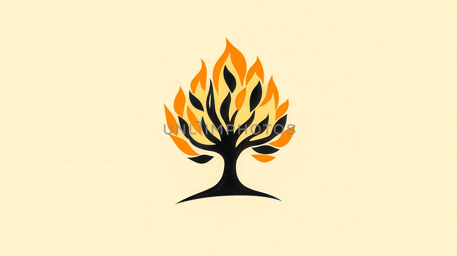 Stylized burning tree representing wildfires, deforestation, and environmental damage caused by climate change, serving as a symbol of ecological crisis
